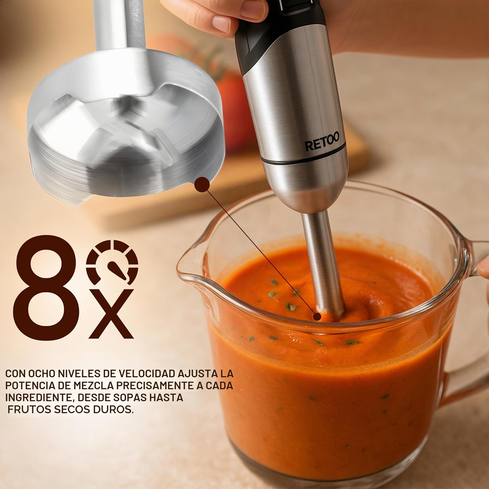 Retoo Juego de batidora de mano multifunción, 1200 W, 15000 rpm, turbo y 8 niveles de velocidad, cuello anti-salpicaduras