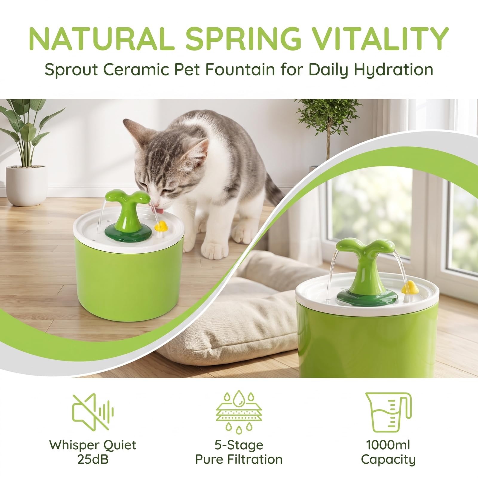 1L Fontaine à Eau pour Chat, Gamelle pour Fontaine à Eau en Céramique Jolie