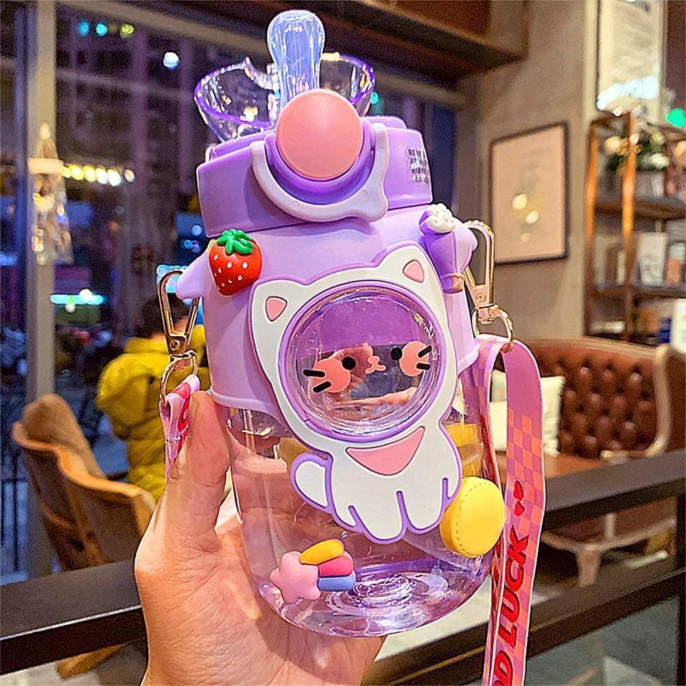 Kawaii Water Bottle Cute Water Bottles for Girls, Kawaii Water Bottle with Straw and Adjustable Strap, Portable Leakproof BPA-Free Drinking Bottle for School Outdoor Sports Travel, 24oz (Purple Cat) - Image 2