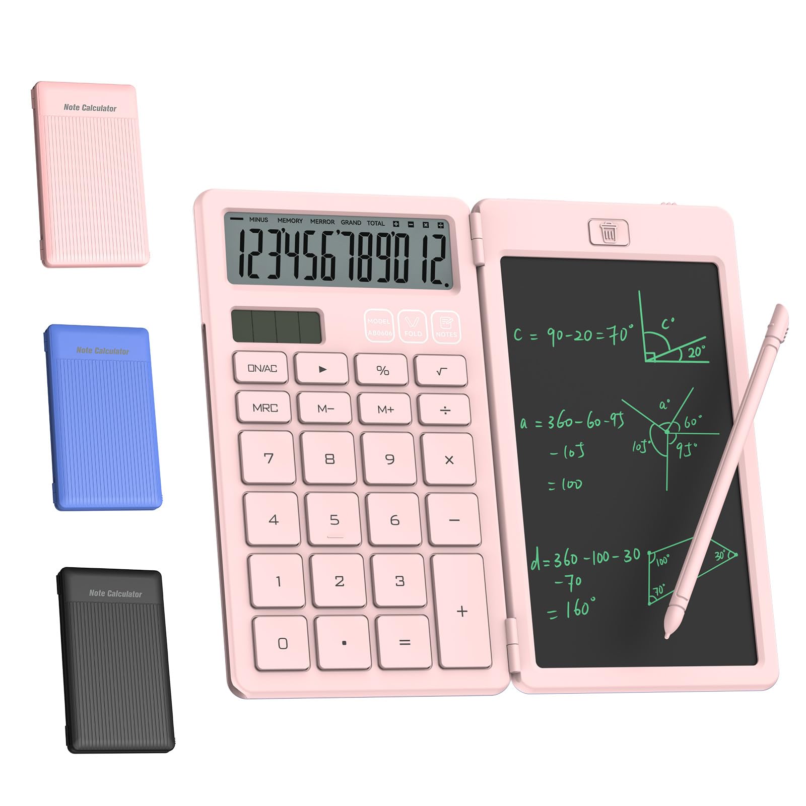 NEWYES Calculator with Writing Tablet, LCD Writing Pad and Stylus Pen, Solar & Battery Powered Calculator for Office School Students, Pink