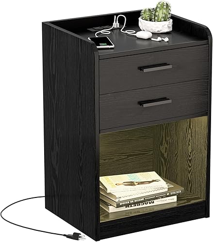 Mesas de noche, mesita de noche LED con estación de carga, mesa auxiliar pequeña de madera con cajón para dormitorio, sala de estar, color negro