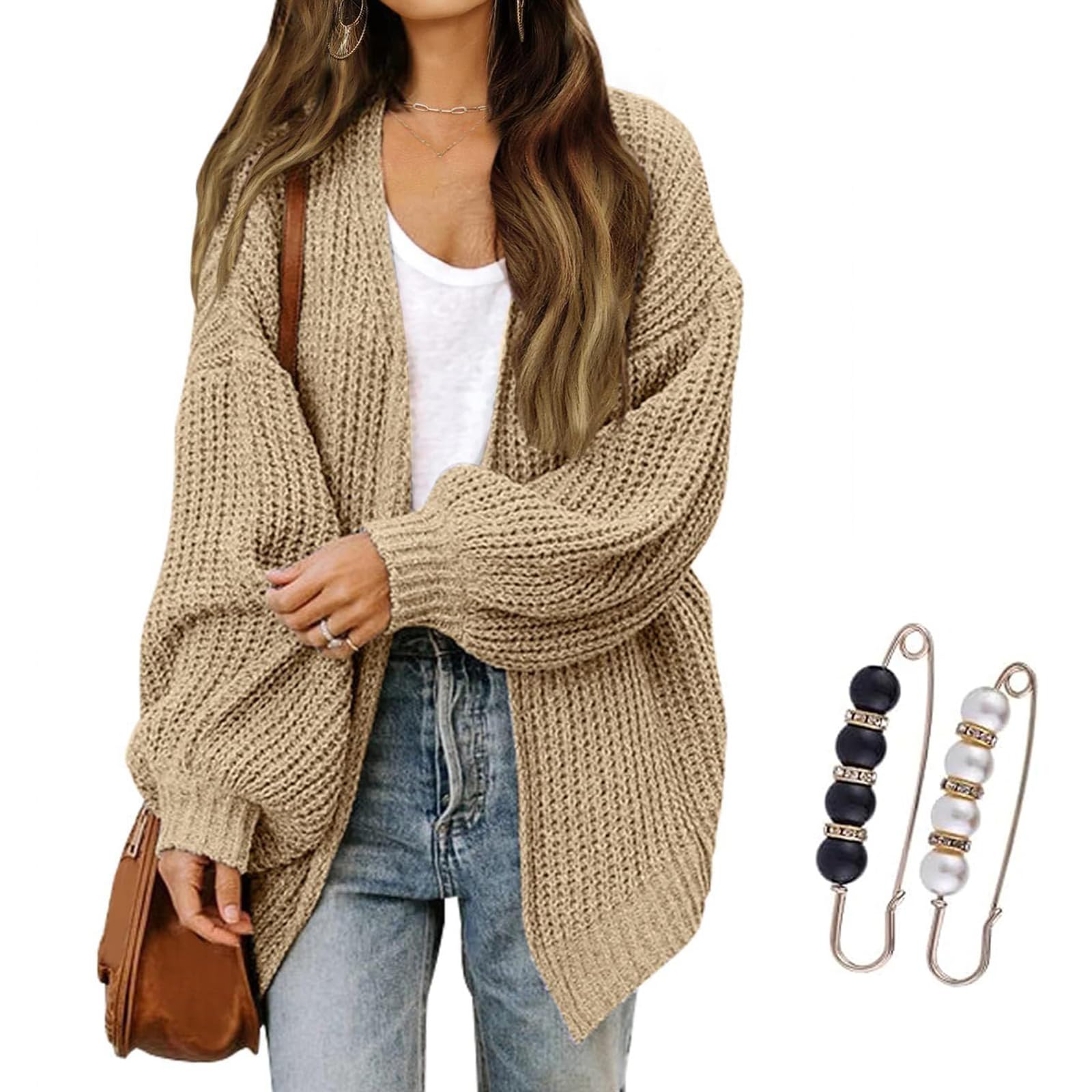 Nbzsmlkn Womens Cardigan Sweaters,Womens Oversized Cardigans Long Lantern Sleeve Chunky Knit Loose Fall Sweater Coats,Casual Open Front Outwear Knitwear Coat (Khaki,M)