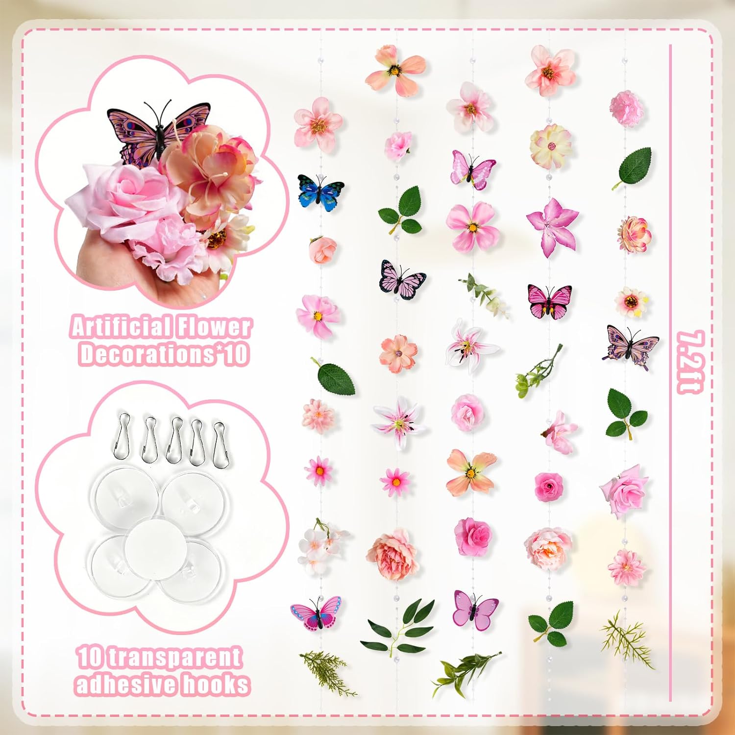 kockuu 10PCS 7.2FT Artificial Flowers Garlands Hanging Decorations, Wildflower Floral Banners Backdrop for Spring Garden Wedding Valentine's Day Baby Shower Birthday Party Decor, Pink