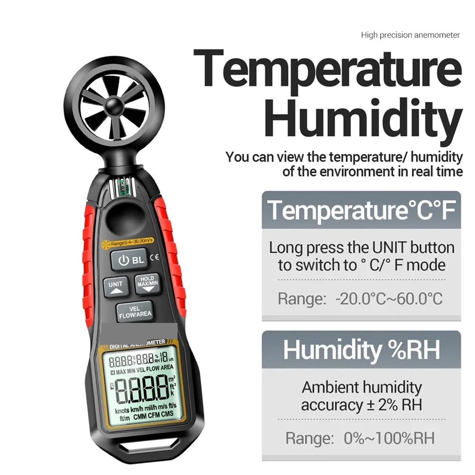 Anemometr cyfrowy, Ręczny anemometr GN302 9999 zliczeń Cyfrowy 0.4~30.00m/s Miernik prędkości wiatru -20.0C~60.0C Tester temperatury Anemometro