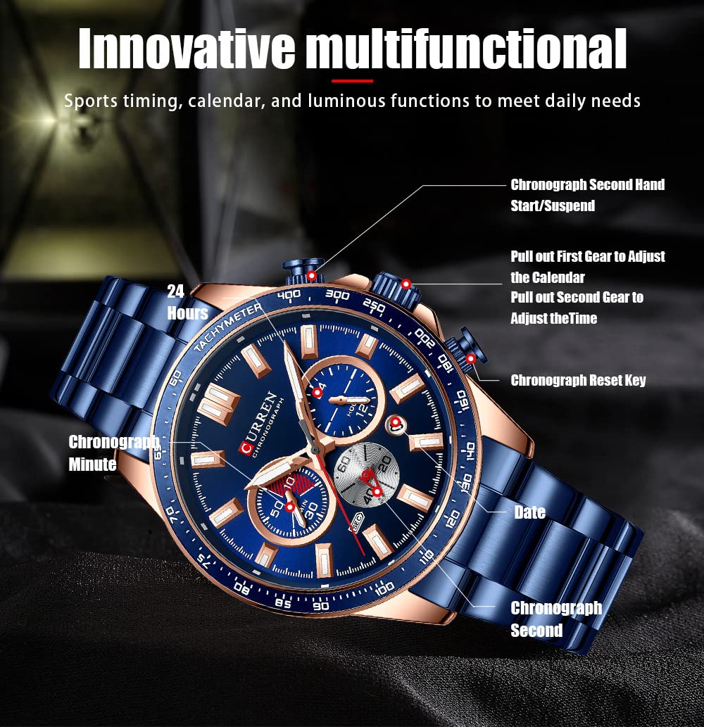 Orologio per gli Uomini Cronografo In Acciaio Inox Classico Modo Analogico Al Quarzo Grande Quadrante Casual Luminoso Orologi, Blu, L
