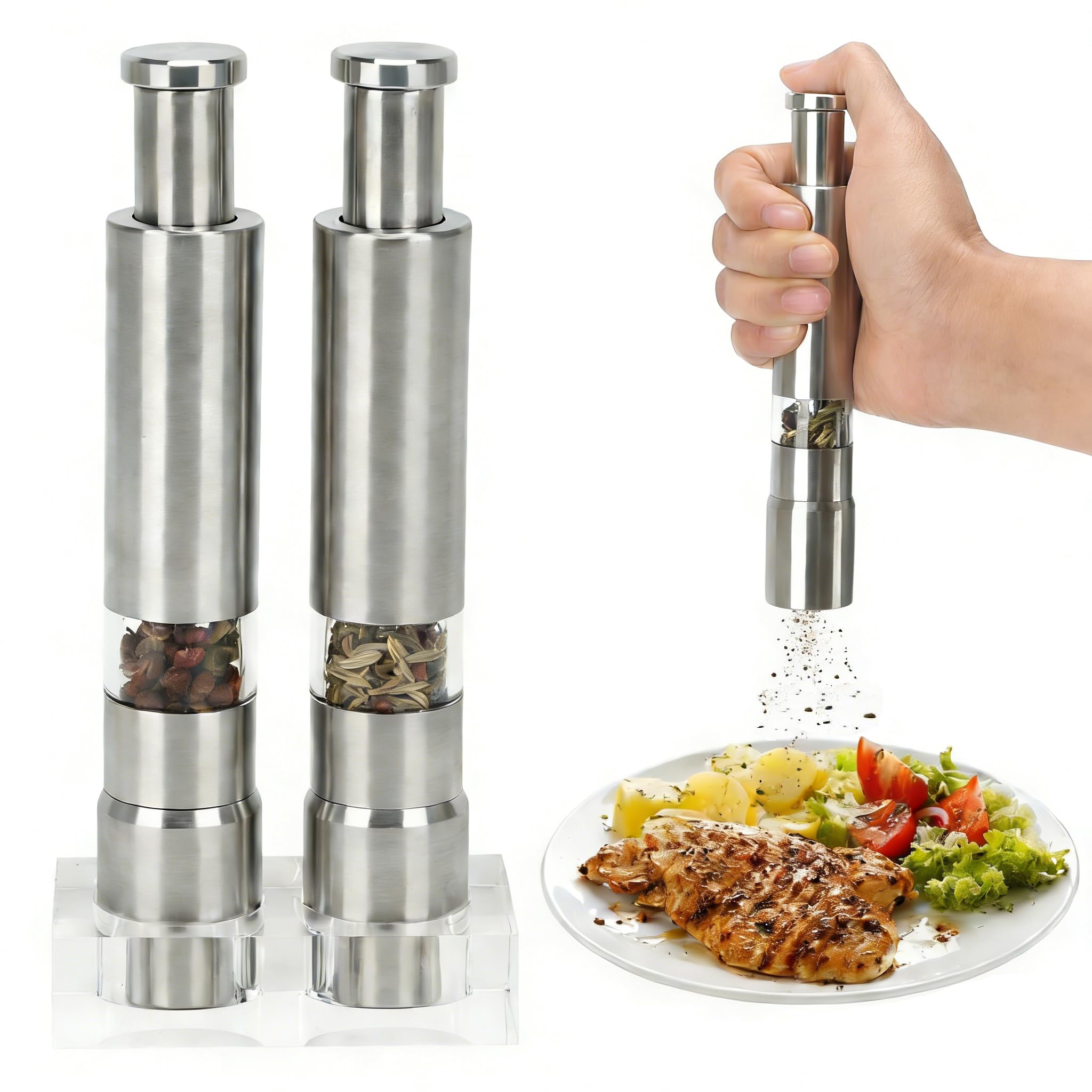 Salt and Pepper Grinder Set of 2, Stainless Steel Thumb Button Peppermill with Base Manual Refillable Thumb Press Grinder Set for Black Pepper Sea Salt Spice