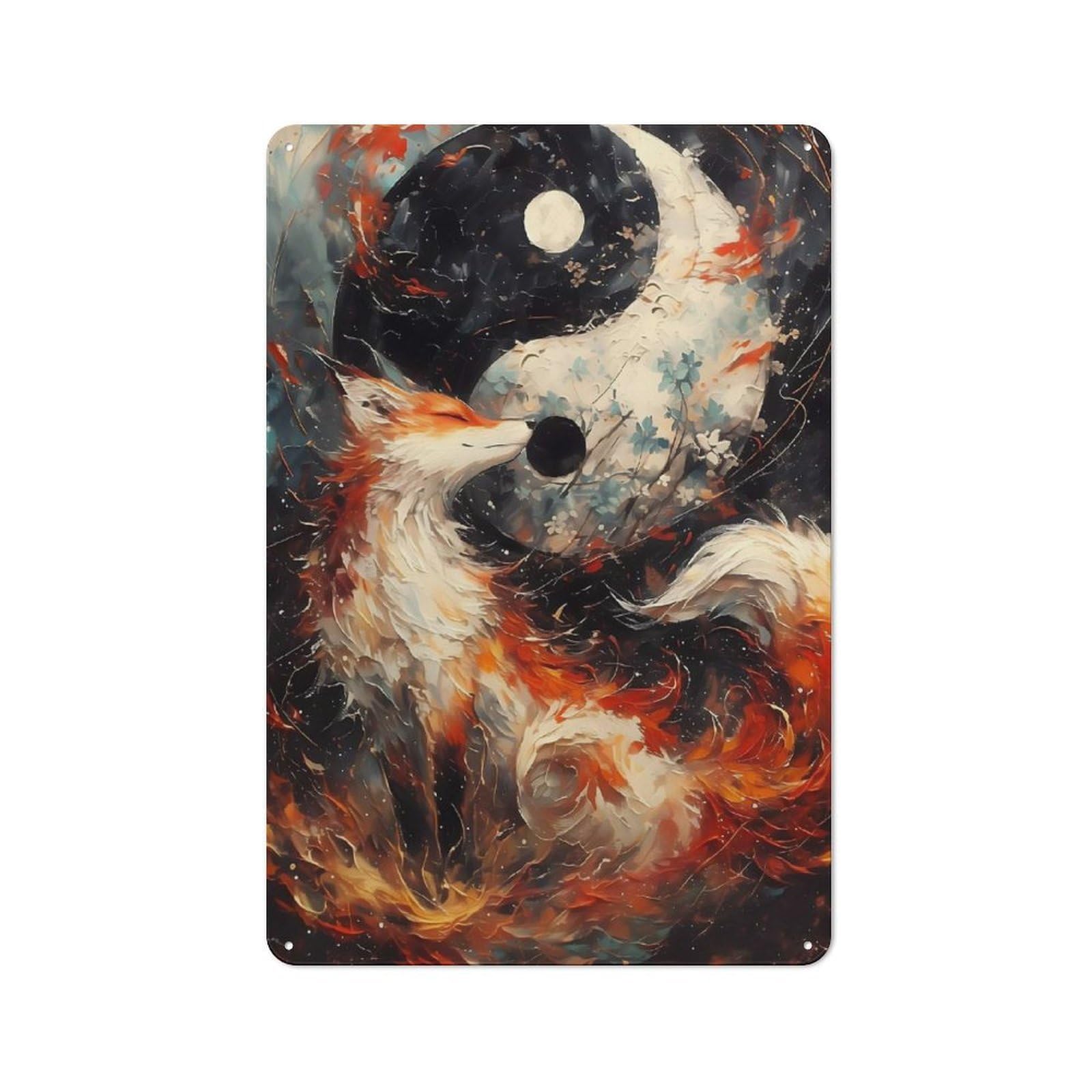 Junmoney Style-20 Tin Wall Plaque 30X20cm With The Fox Yin And Yang For Home Office Or Studio, For Garage, Workshop And Man Cave Decoration