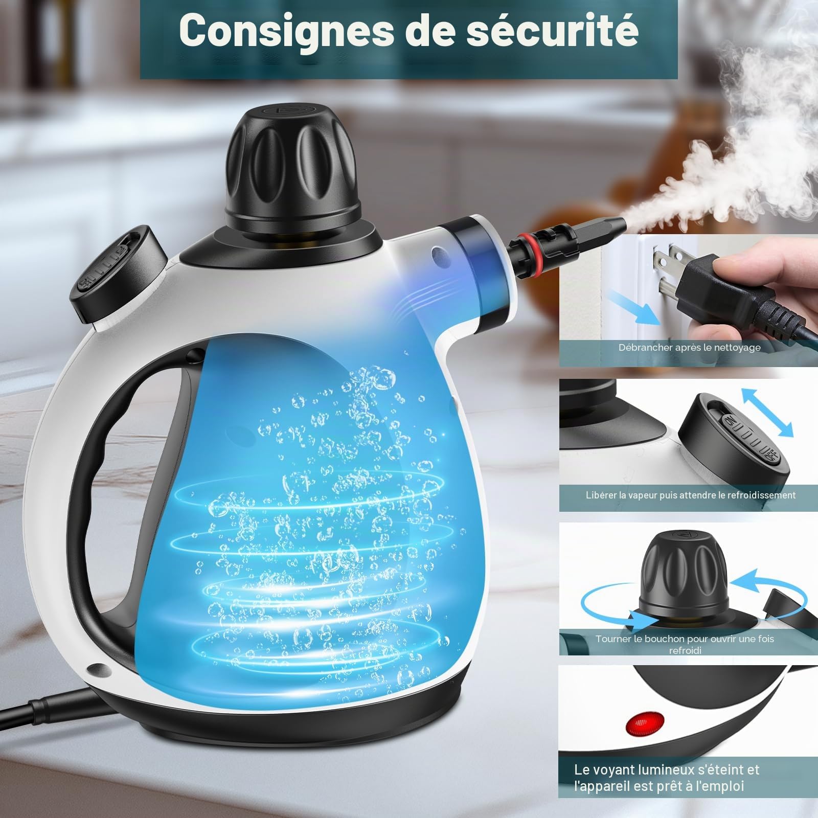 Nettoyeur Vapeur Portable,Multi-Usage Steam Cleaner avec 14 Accessoires & Réservoir 350 ml,1050W Nettoyant Vapeur pour Vapeur Vitres,Sols,Tapis,Voiture,Canapé,Cuisine