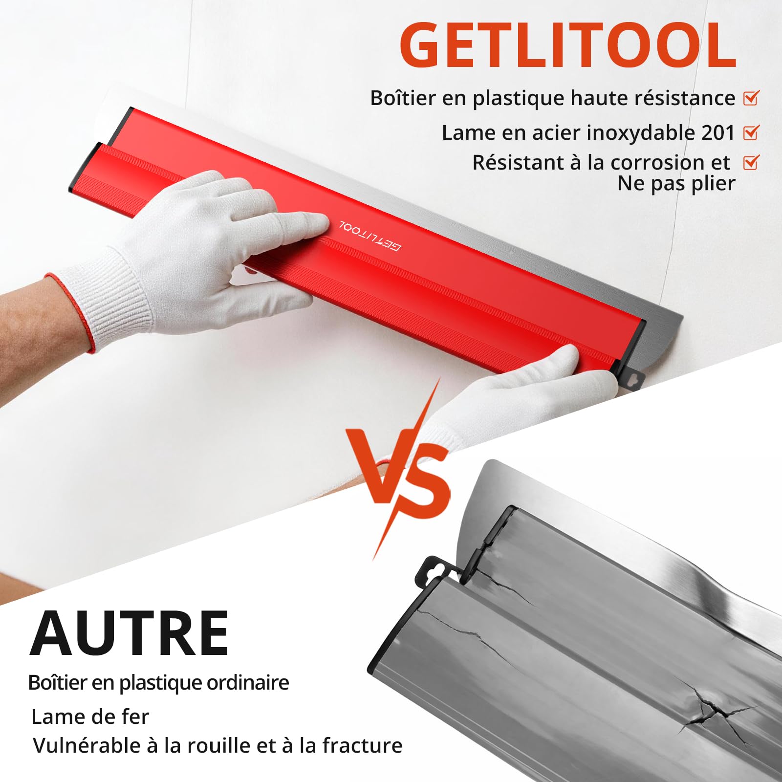 GETLITOOL Couteau à Enduire en Acier Inoxydable,60cm,Lisseuse Enduit,Spatule Enduit de Lissage Set,Outils de Cloison Sèche Grandes Surfaces Avec lame de rechange et Manche D'extension à 1.3m