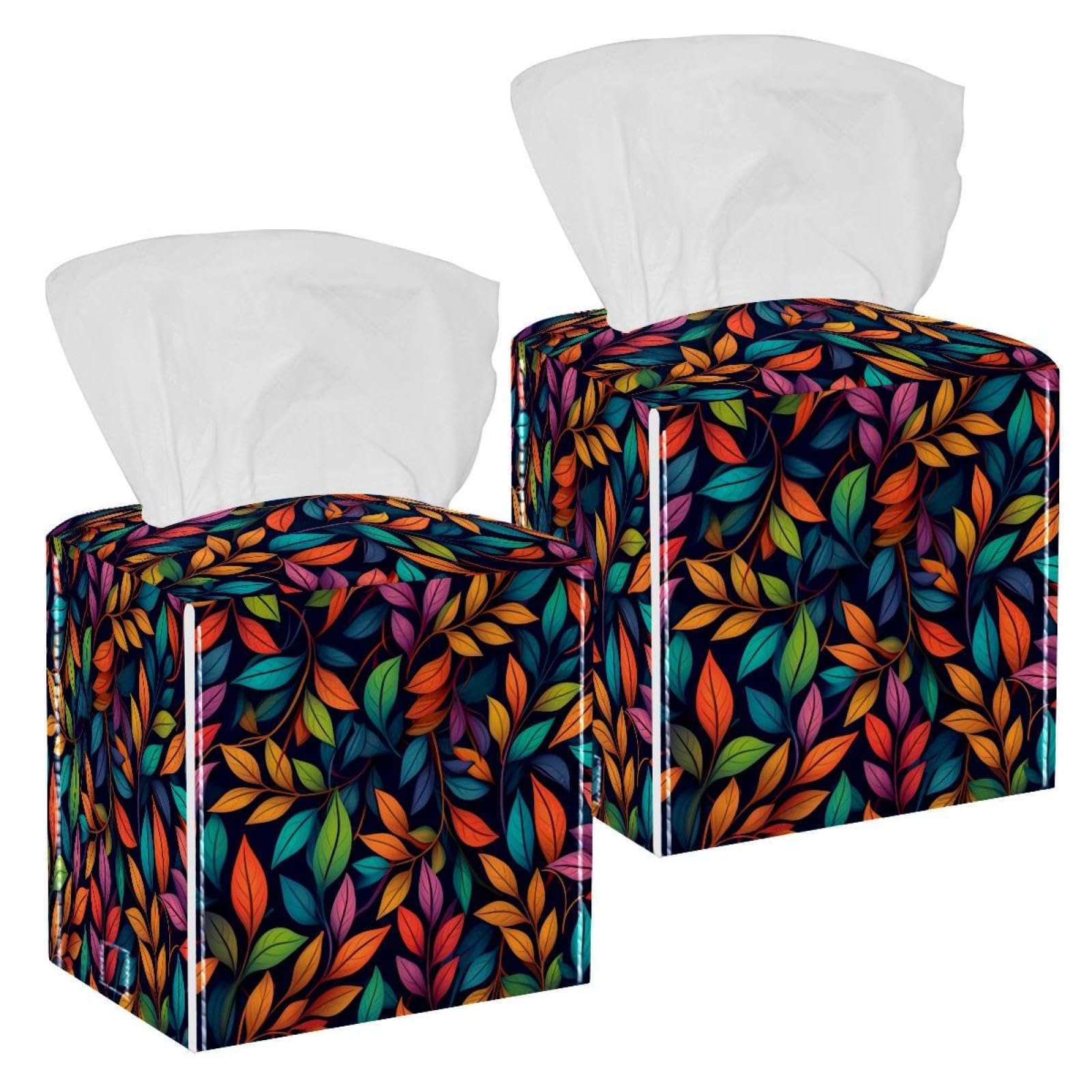 Artistic Leaves Tissue Box Cover, 2 Pack PU Leather Square Facial Tissue Dispenser Box holder for Home Office Car