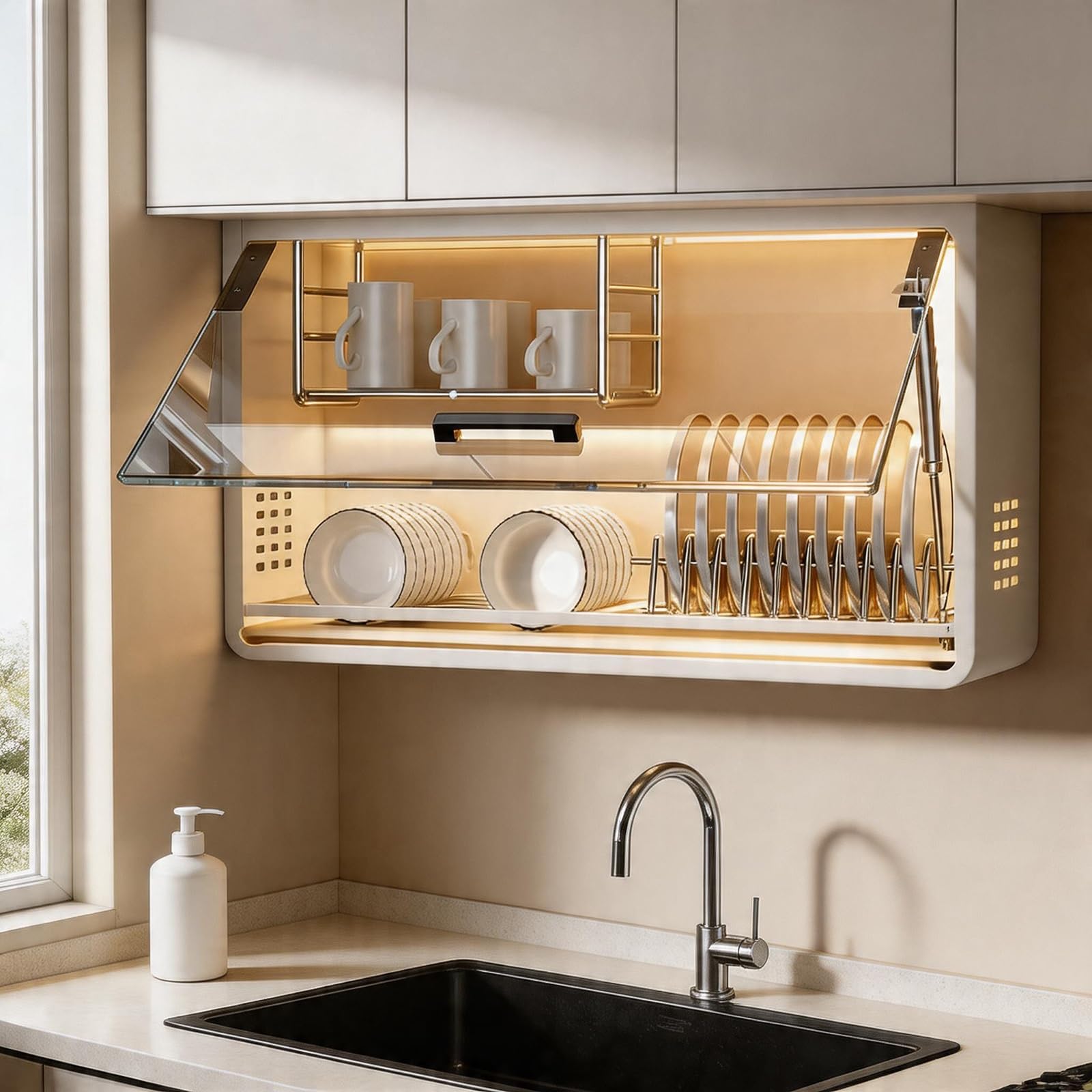 Mobiletto a Muro in Acciaio Inox - Scolapiatti con Anta in Vetro Ribaltabile - Mobiletto da Cucina a Parete - Organizzatore di Piatti a 2 Livelli con Vassoio di scolo per Piccoli appartament