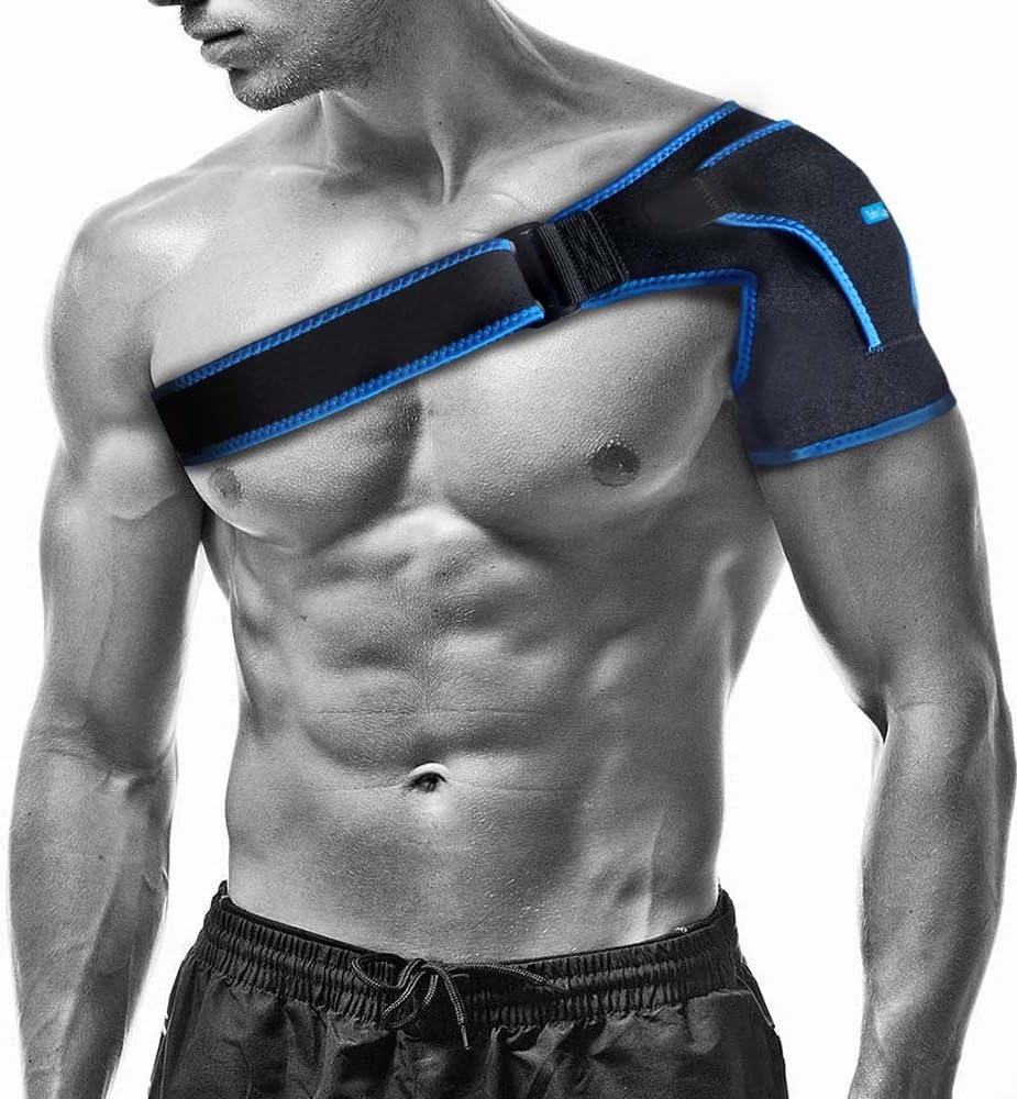Shoulder Stability Brace with Pressure Pad Breathable Neoprene Shoulder Support for Rotator Cuff, Dislocated AC Joint, Compression Sleeve with Adjustable Wrap Strap (Blue)