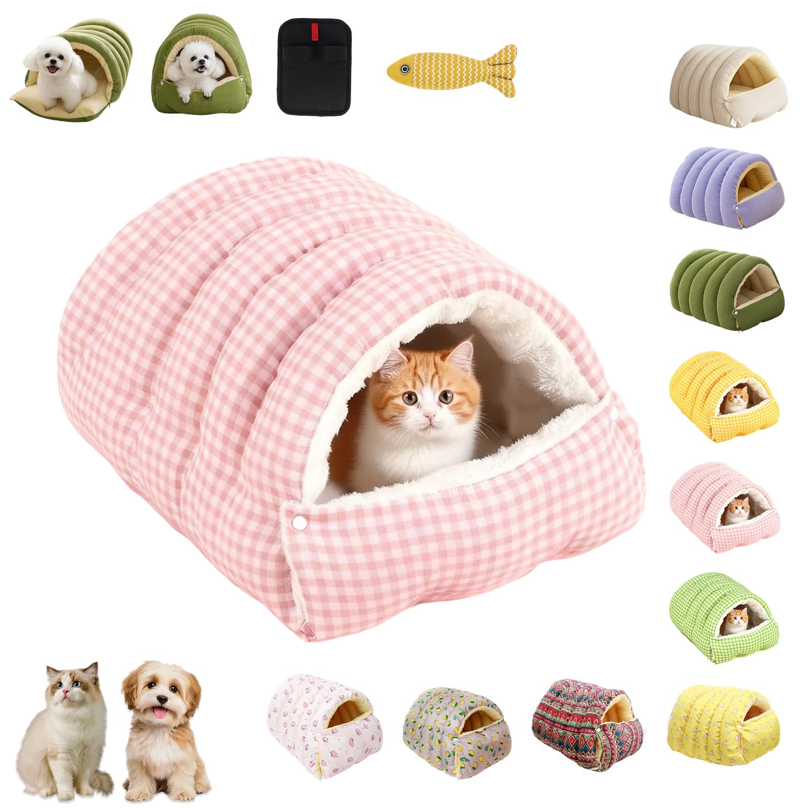 Cutypet Winter Cave, Cozy Monster Cat Bed with Removable & Washable Cushioned, Warm Cats House Tent Bed with Non-Slip Base in Indoor for Cats, Kittens And Small Dogs (Pink Check,L)