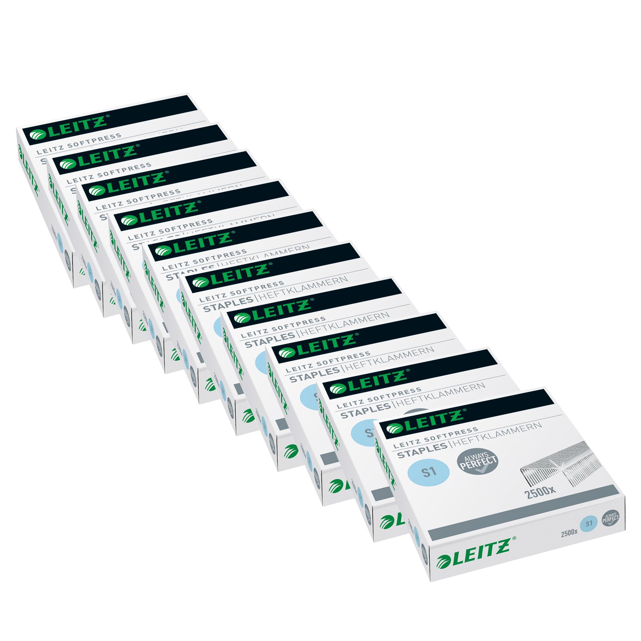 Leitz Softpress Heftklammern S1, Verzinkt, 10 Boxen mit je 2500 Heftklammern, 54970000