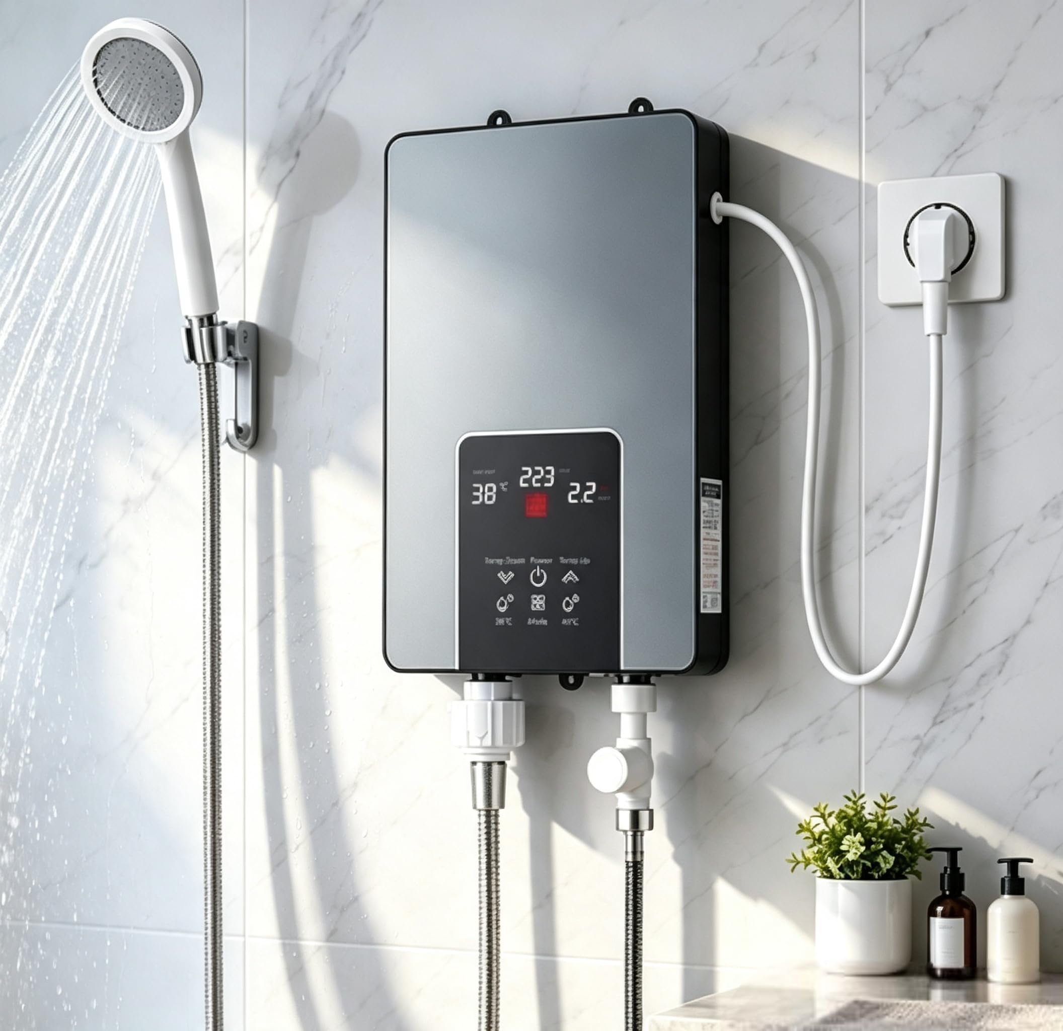 Durchlauferhitzer 6000W 230V, LED Elektronisch Bohrfreier Montage & Komplett-Set Konstanttemperatur (30-55°C) für Küche, Badezimmer, Dusche und Garten