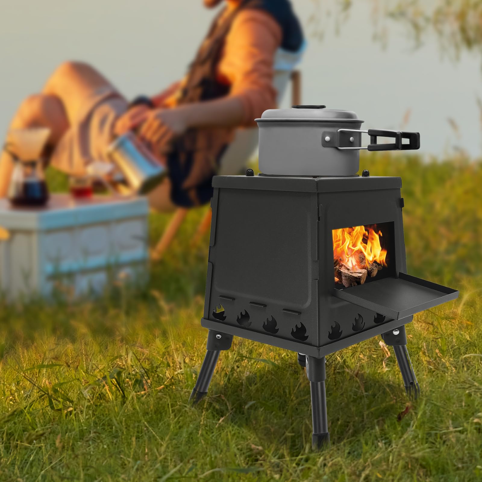 Terrassenfeuer,Gartenofen,Tragbarer Holzofen mit 16 Entlüftungen,Zeltofen für Camping, Outdoor Kochen, Zeltheizung (Schwarz)