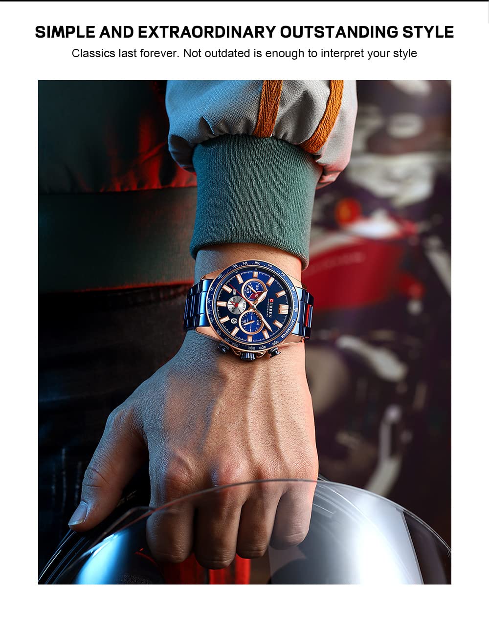 Orologio per gli Uomini Cronografo In Acciaio Inox Classico Modo Analogico Al Quarzo Grande Quadrante Casual Luminoso Orologi, Blu, L