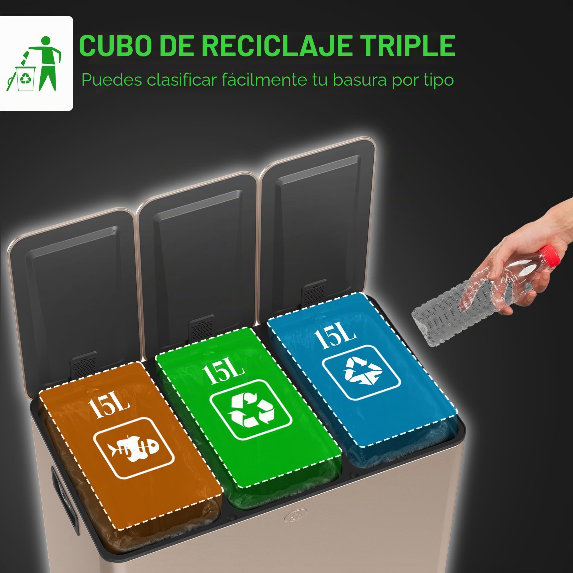 HOMCOM Cubo de Cocina Triple, Cubo de Pedal 3 x 15L, Cubo de Basura Triple de Acero Inoxidable con Tapa de Cierre Suave, Cubos Interiores Extraíbles, A Prueba de Huellas Dactilares para Reciclaje y