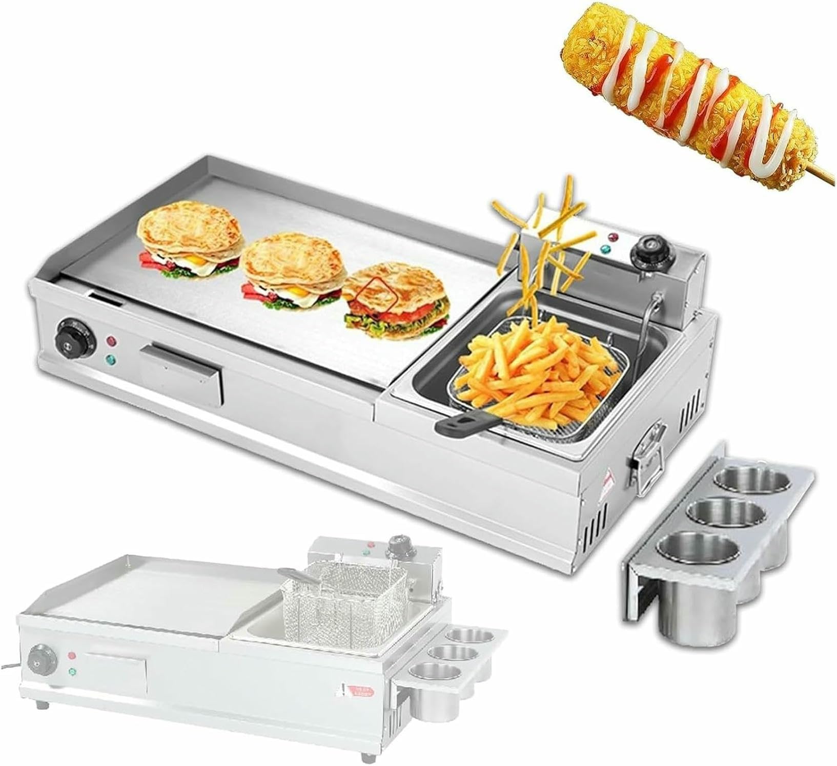 FHRKA Commercial Electric Griddle With Fryer, Countertop Flat Top Grill Frying Pan With Seasoning Rack (L)
