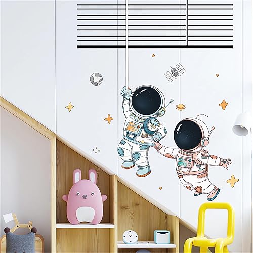 Miniatura 4 de Calcomanías de pared de vuelo de astronauta espacial, sacinora lindos amantes creativos, calcomanías de pared cósmicas, vinilo extraíble para niños,