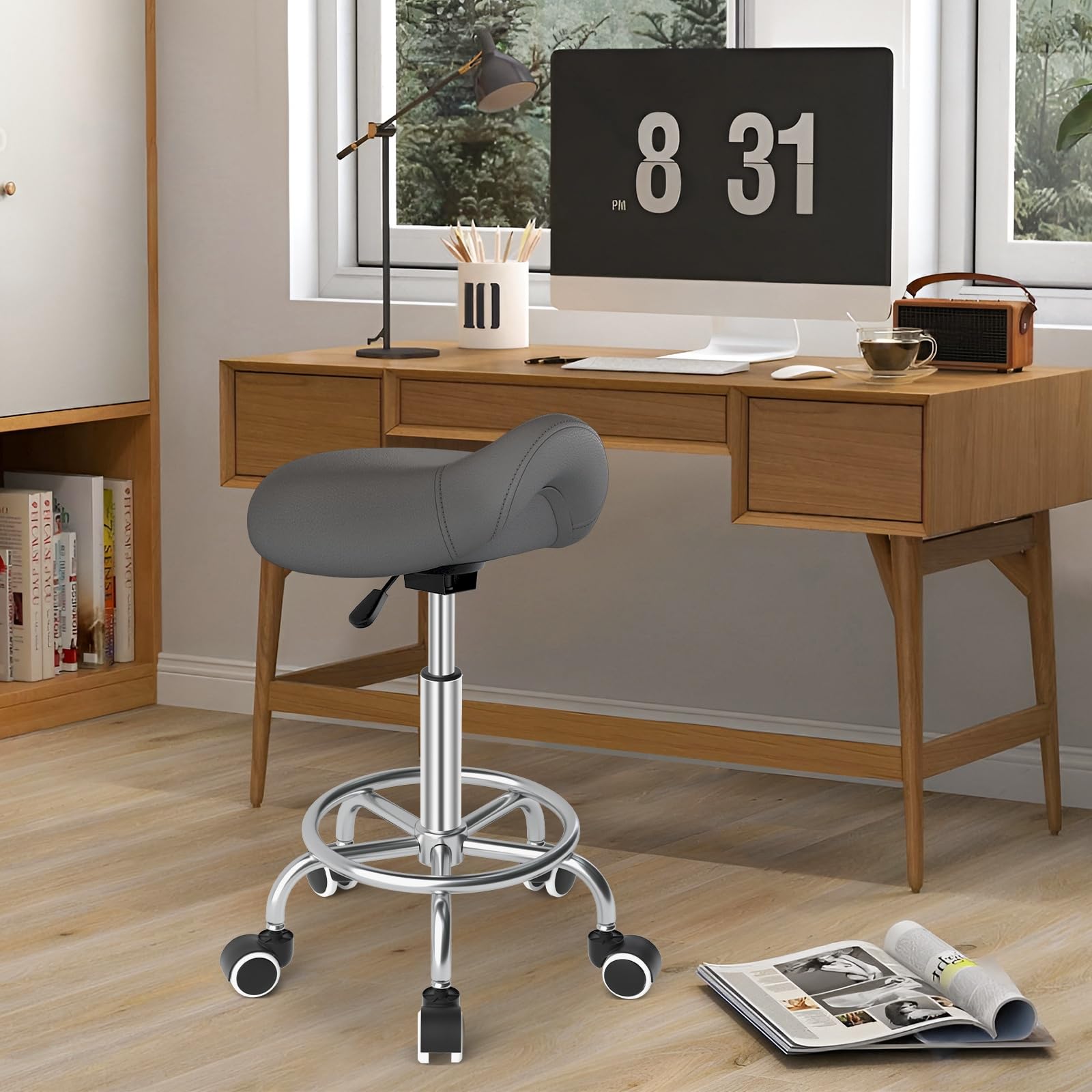 YEEZEE - Taburete de sillín de caballo ergonómico con ruedas para oficina, color gris | Antimal de espalda, comodidad óptima, altura 46-59 cm, capacidad 150 kg, taburete ruedas para peinado, tatuaje, dental