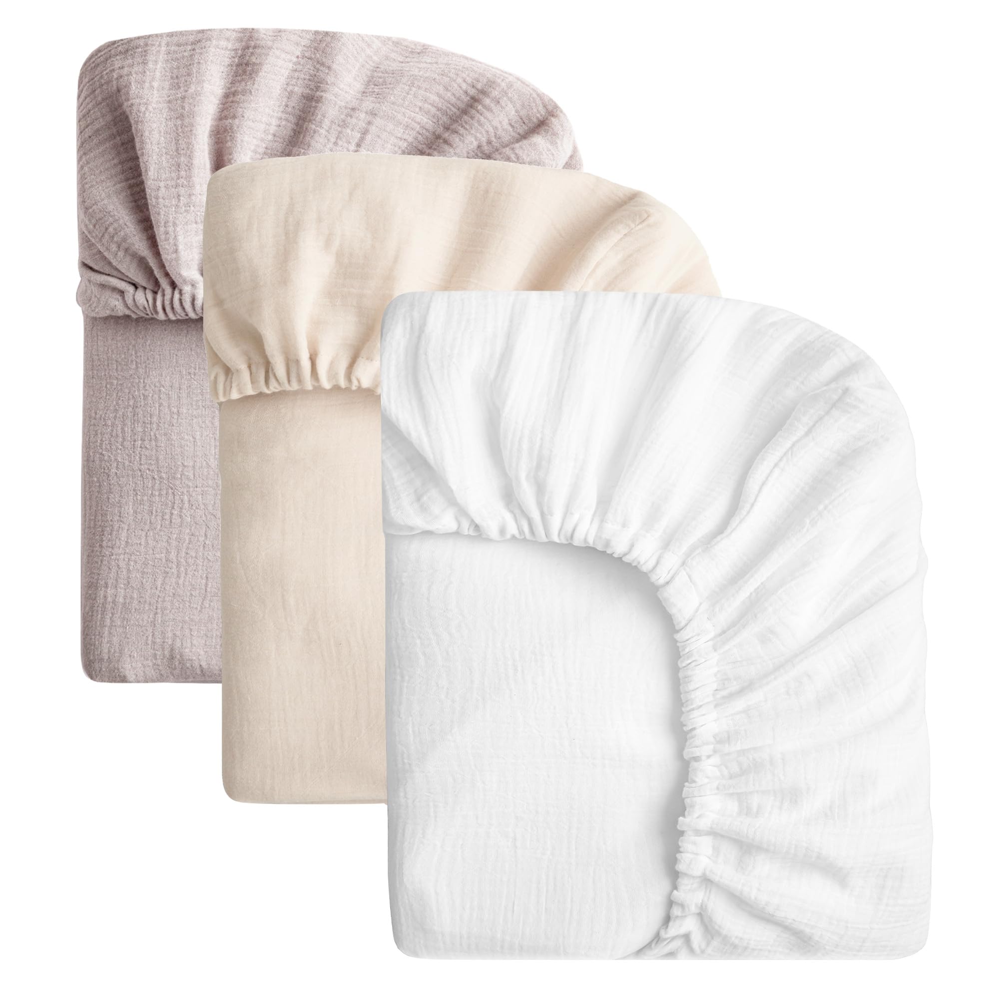 SOULFUL Muslin Crib Sheets for Boys Girls, 3 Pack Soft and Breathable Cotton Fitted Crib Sheets for Standard Crib Mattress (28"x 52", White &amp; Beige &amp; Mist Pink)