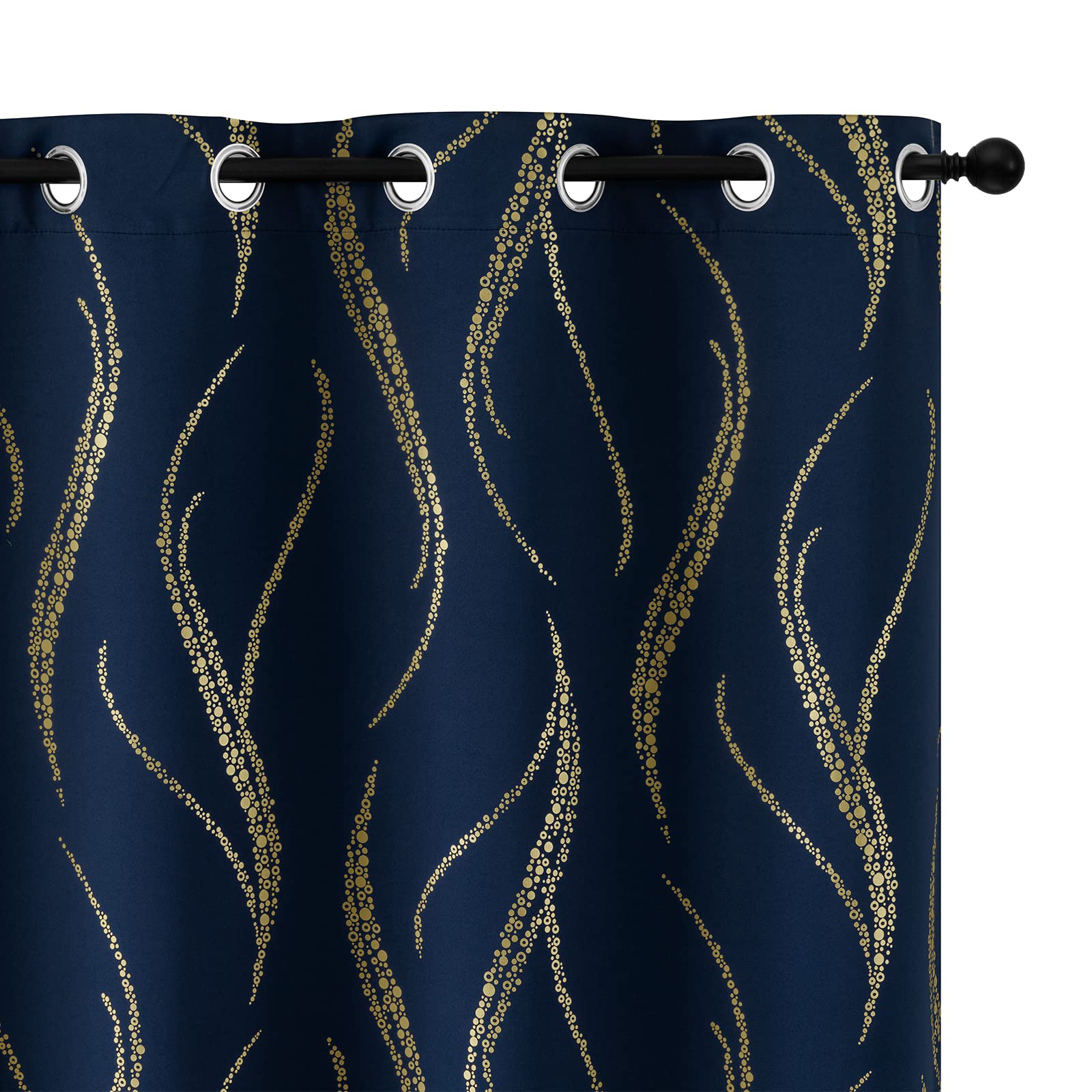 Yakamok Blackout Curtains for Livingroom, Curtains 63 Inch Long - Navy Blue and Gold Waver Curtains with Pattern, Grommet Room Darkening Drapes for