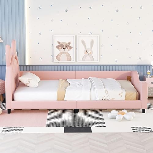 Miniatura 2 de Merax Sofá cama tapizado de tamaño individual con cabecero de orejas de conejo, marco de cama de plataforma para niños, dormitorio infantil, no