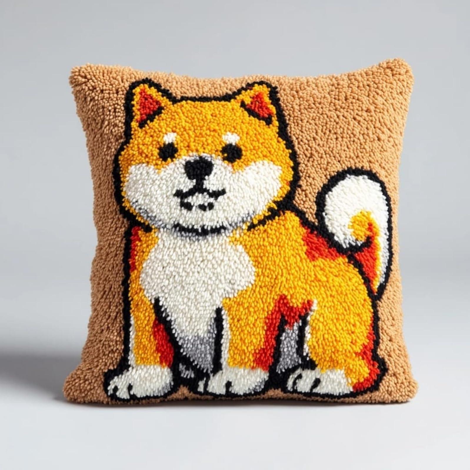 AxiangziK Latch Hook Cushion Kit for Beginners,Cartoon Akita Inu 43x43cm Pre-Printed Canvas DIY Craft Set,Complete Cushion Cover Kit for Living Room Sofa Decor