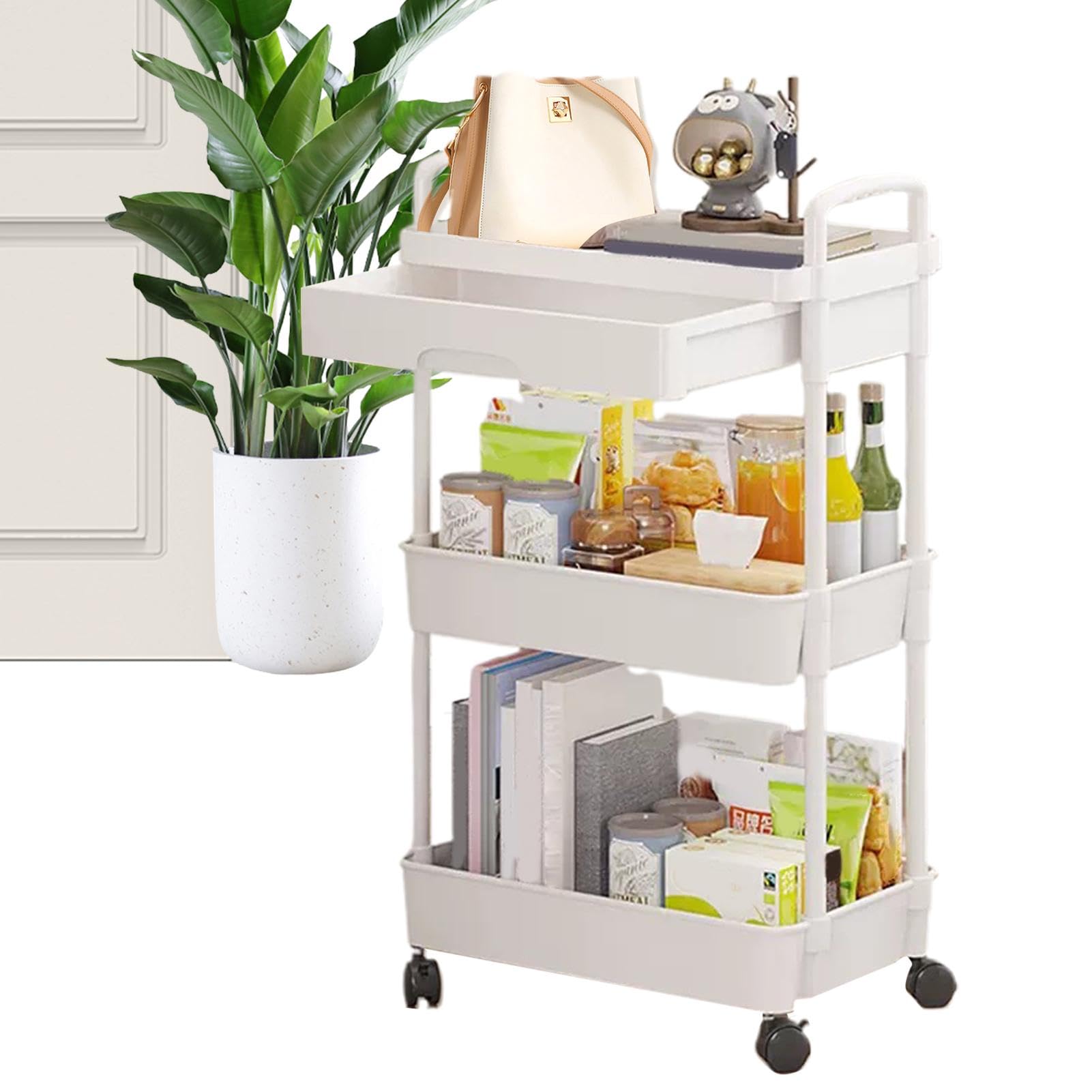 Carrello portaoggetti a 3 livelli con ruote – Carrello per un facile accesso, design cassetti per ordine, carrello da cucina, soluzione per snack, scaffali mobili per casa, cucina, garage