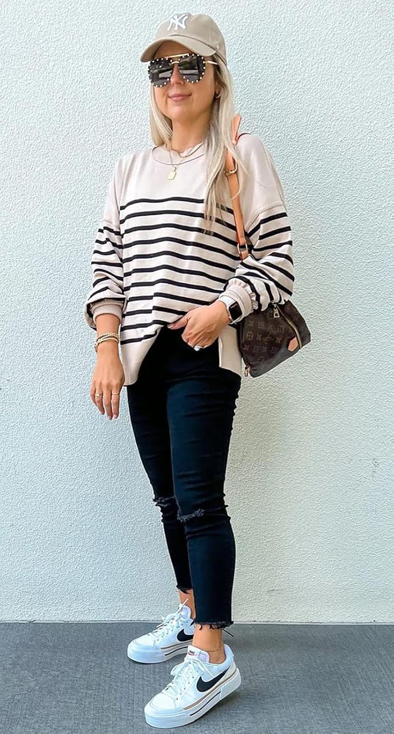 Womens Sweaters Causal Crewneck Batwing Sleeve Knit Top Side Split Oversized Pullover Sweater Loose Jumper - Image 2