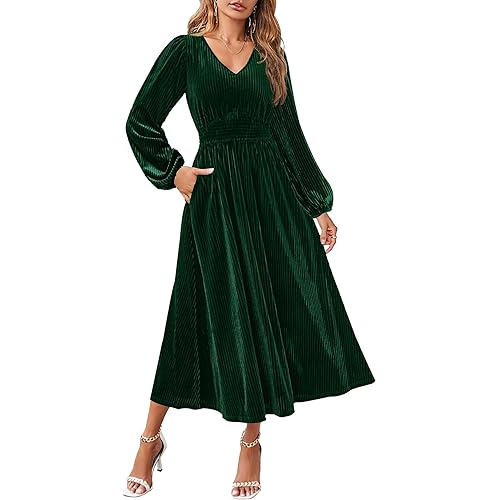 ZESICA Women's Velvet Midi Dress Casual V Neck Long Sleeve Solid Color Elastic High Waist Flowy Evening Party Dresses