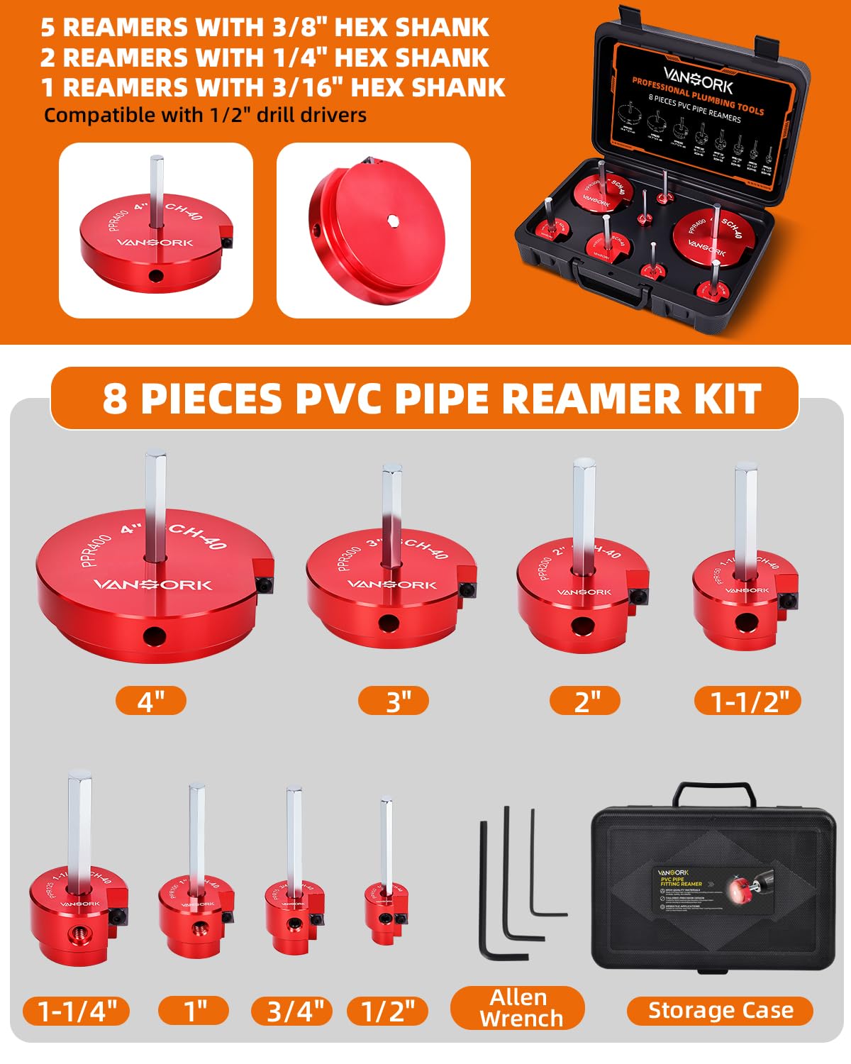 8 piezas de ahorro de ajuste de PVC, escariador de PVC con cabezal de 3/10.2 cm, 2.5 cm, 1-1/10.2 cm, 1-1/5.1 cm, 5.1 cm, 7.6 cm, 10.2 cm, 10.2 cm, encaja en taladros estándar de 1/5.1 cm,