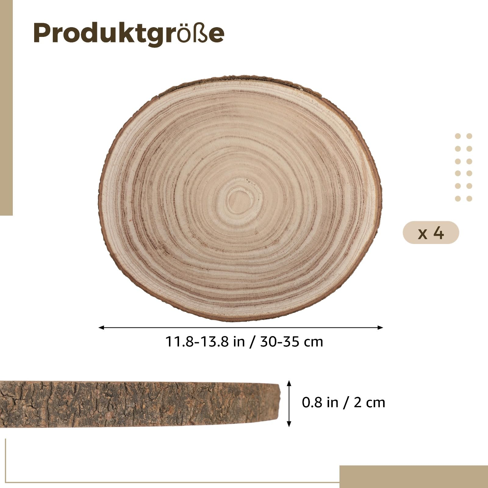 4 Stück Paulownia Holzscheiben 30-35 cm, Unbehandelte Holzscheiben für Bastelarbeiten, 2 cm dick, Natürliche Baumrinde Kreise für DIY-Projekte und Wohnkultur