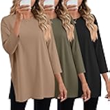Huukeay 3 Pack Women's Oversized T Shirts Workout 3/4 Sleeve Top Loose Side Split Gym Elbow Crewneck Fall Casual Clothes Tee