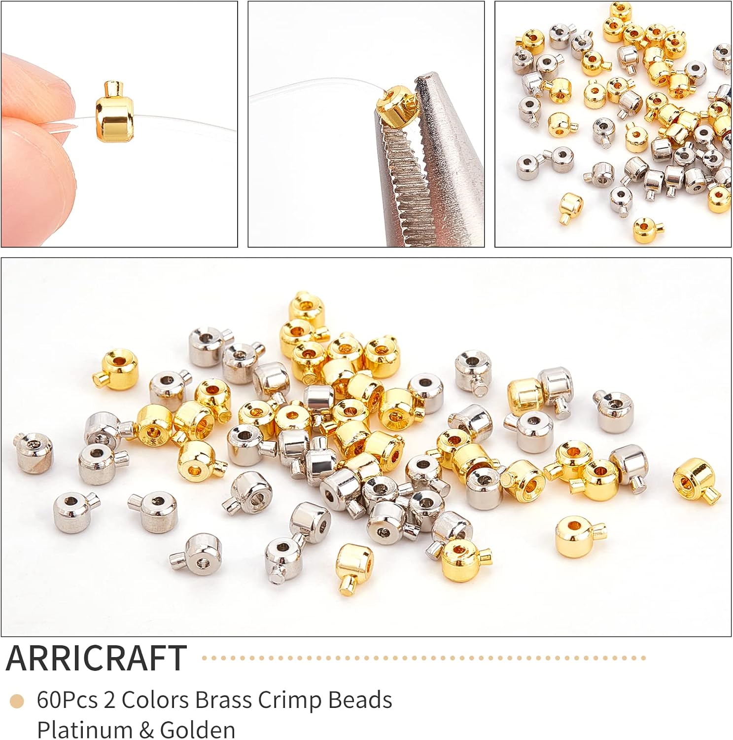arricraft 60 Pcs Brass Crimp Beads, Loose Rondelle Spacer Beads Crimp Bead Covers Metal Irregular Shape Crimp Charms Accessories for Bracelet Necklace Jewelry Making Silver & Golden - Image 4