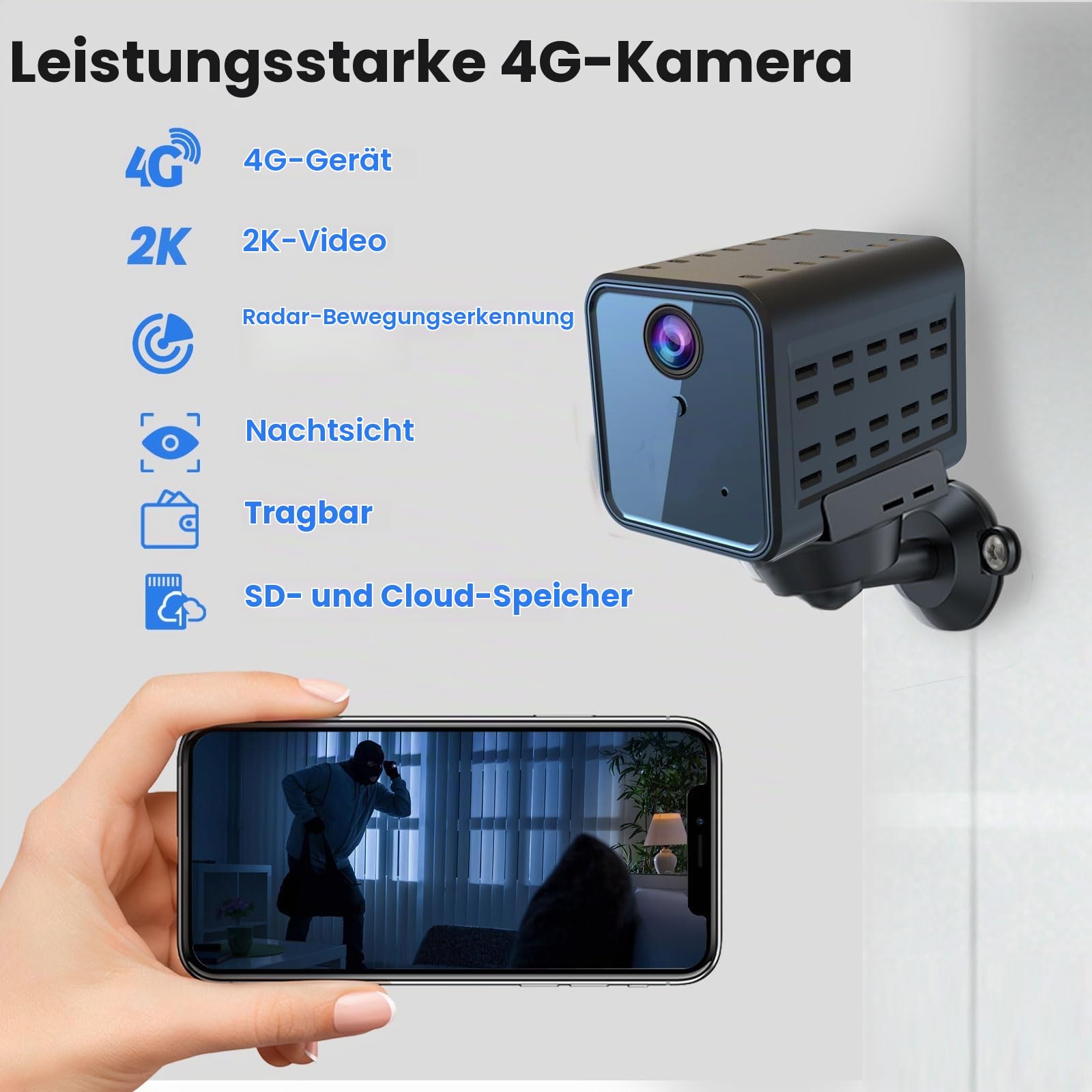 javiscam Mini Kamera,Kamera Überwachung aussen,4G Überwachungskamera, 2K Akku Überwachung Innen,Live Übertragung SIM Karte, Radar Bewegungsmelder Nachtsicht