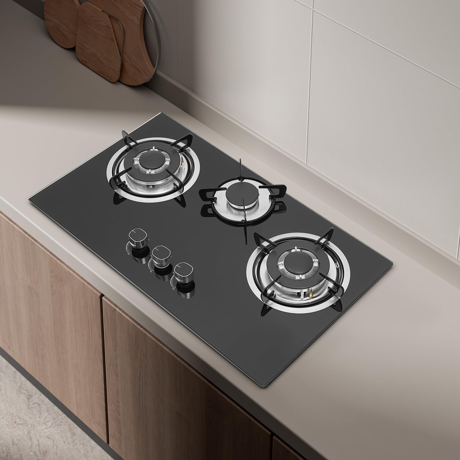 Fornello a gas in vetro da incasso, piano cottura a gas a 3 fuochi Gas Stove, fornello a gas per piani cottura LPG/NG, incluso supporto per pentole, telaio smaltato e testa del forno in alluminio