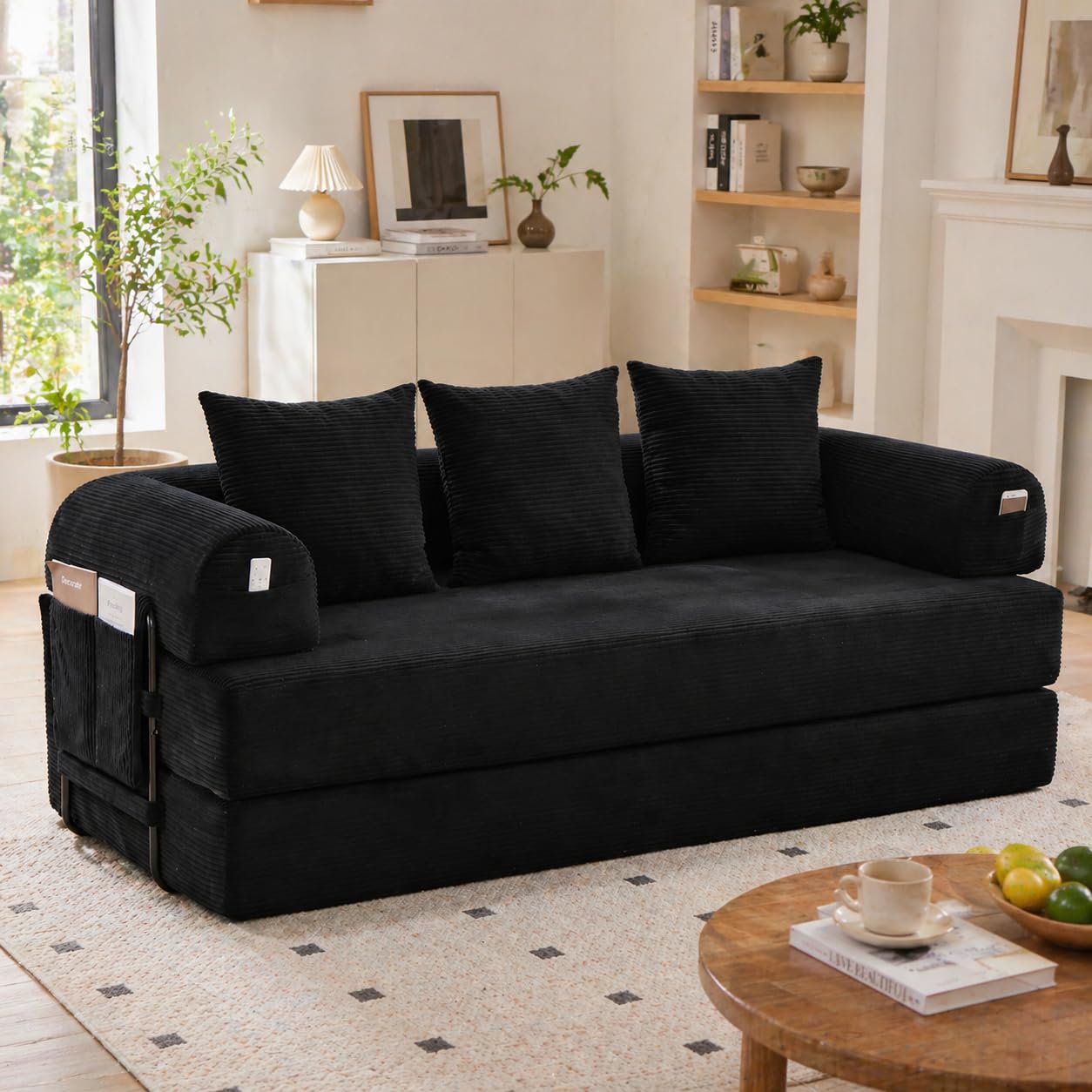 Sofá modular individual negro para salón, confort con 3 cojines y bolsillos de lectura