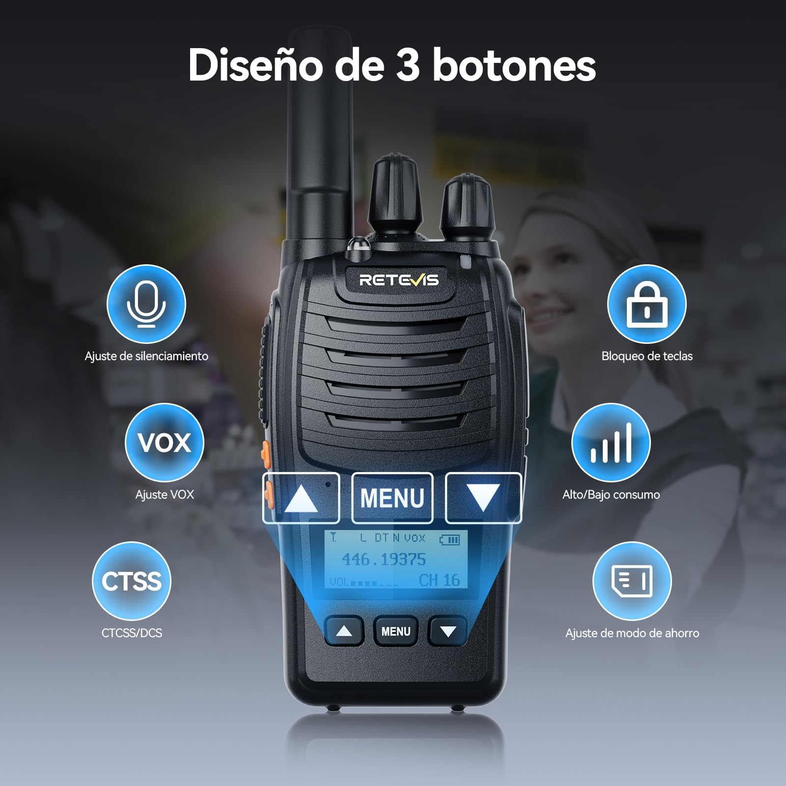 Retevis H777D Walkie Talkie con Auricular, PMR446 Walkie-Talkie Profesional con Cargador de 6 Vías, Pantalla LCD, Botón, Radio Bidireccional Portátil para Tiendas, Seguridad (Negro, 6 Pcs)