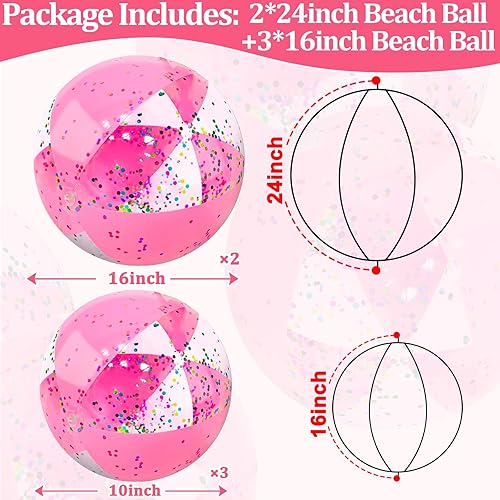 Miniatura 5 de Paquete de 5 bolas inflables de playa con purpurina para decoración de fiesta de San Valentín de 24 pulgadas y 16 pulgadas, bolas de juguetes de