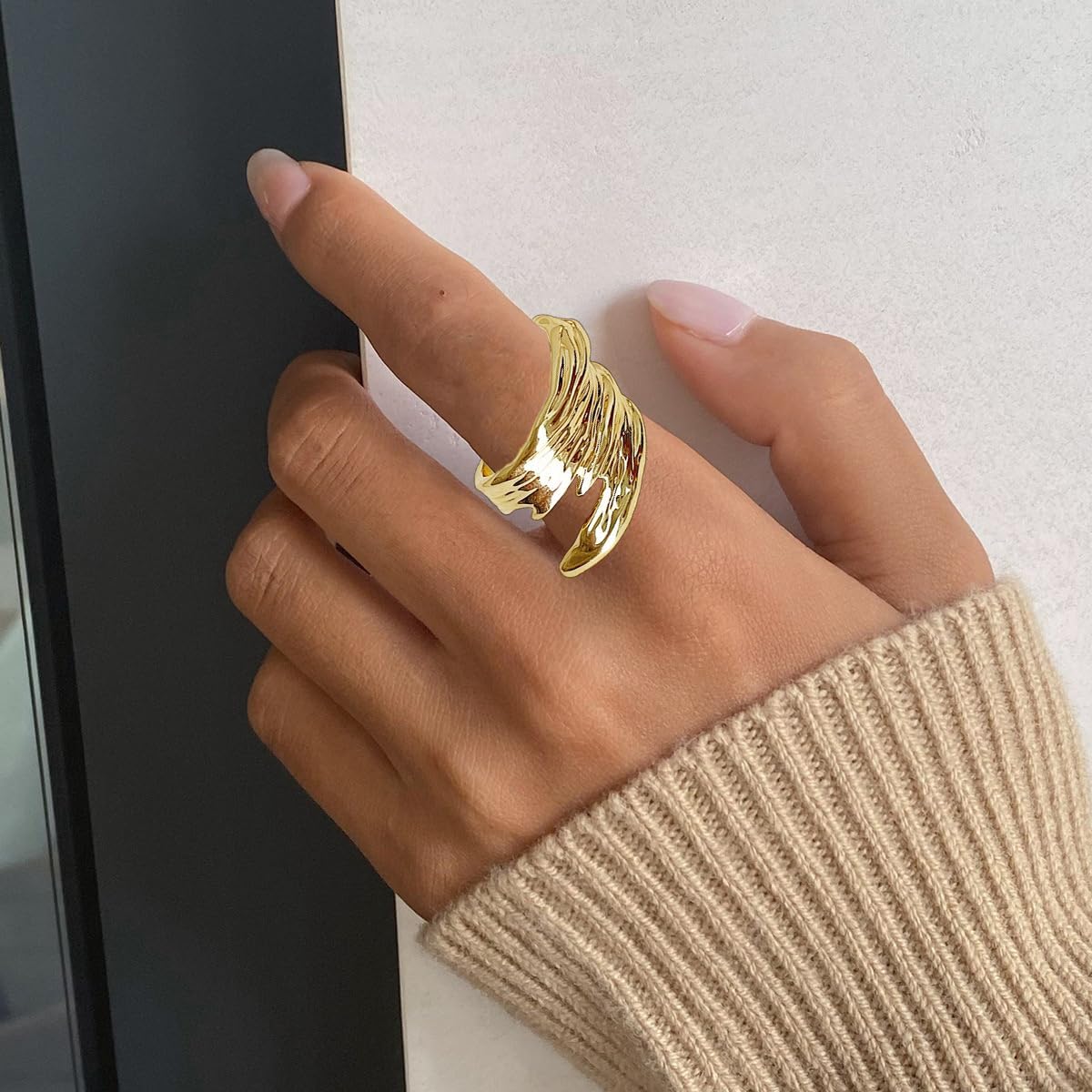 Hebelee Fashion Wide Irregular Open Band Ring for Women Silver Gold-Toned Chunky Stackable Wrap Finger Rings Trendy Lightweight Wedding Engagement Punk Jewelry Size 8 - Image 3