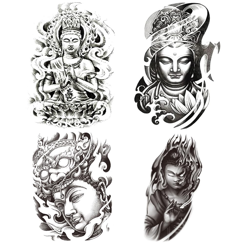 Yesallwas タトゥーシール 仏 仏像 4枚セット リアル 和彫り 入れ墨シール タトゥーステッカー ボディー メンズ 刺青 長持ち 防水 腕、足、体、胸、肩、背中に簡単貼る TATOO
