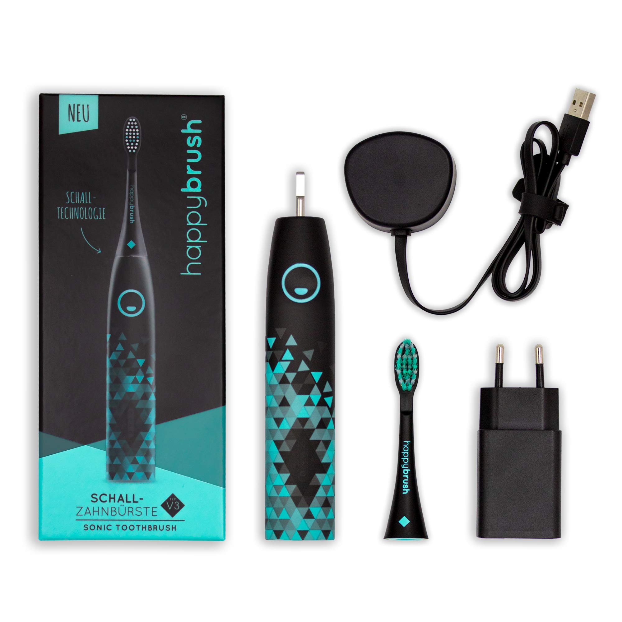 happybrush® Elektrische Schallzahnbürste | Elektrische Zahnbürste Schall VIBE 3 Schwarz mit Aufsteckbürste (-)