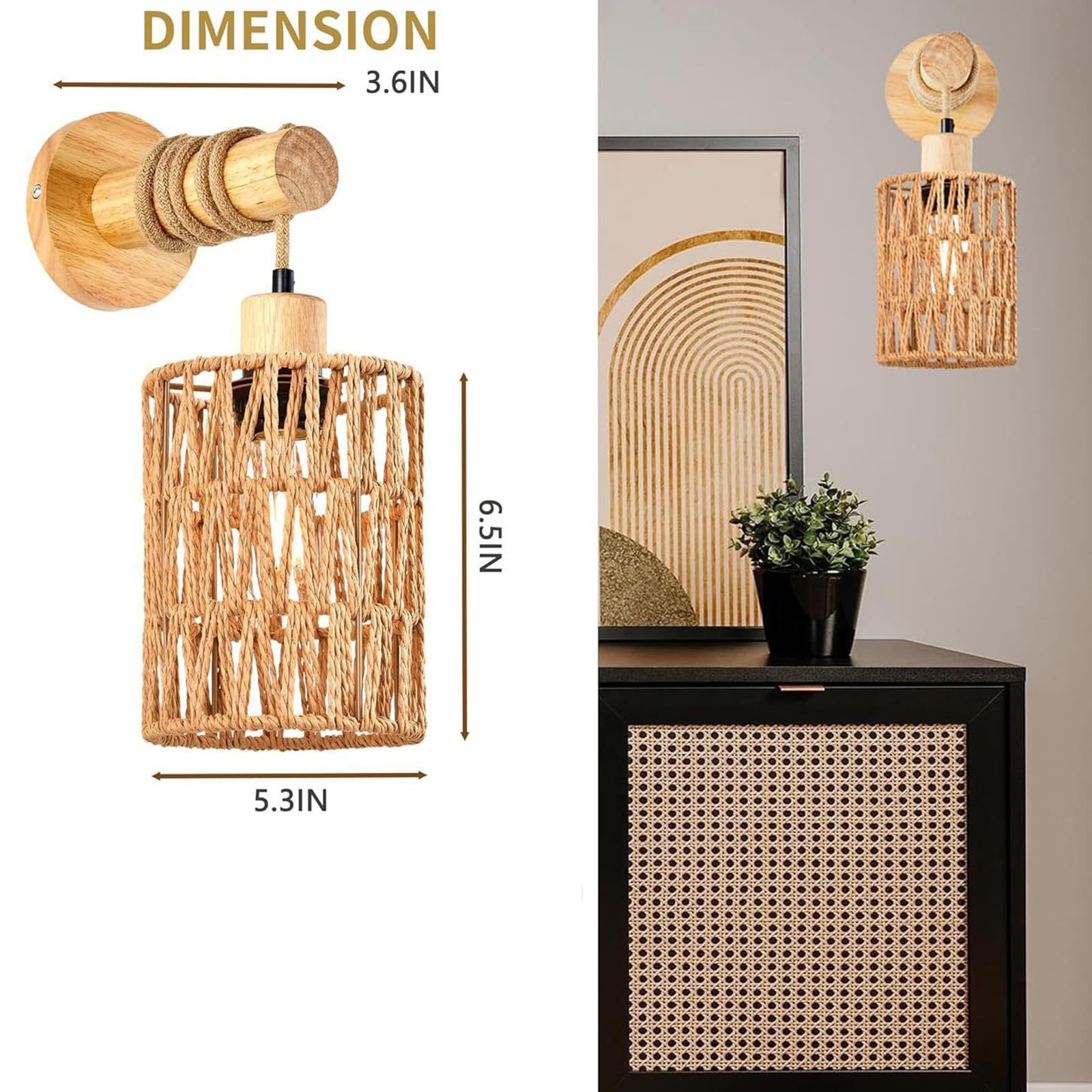 Aplique Rattan Boho, Lámpara de Pared Colgante Mimbre, Lámpara Laternas Madera Rústica, Set de 2 para Dormitorio, Sala Estar, Pasillo, Entrada, Decoración Granja,B