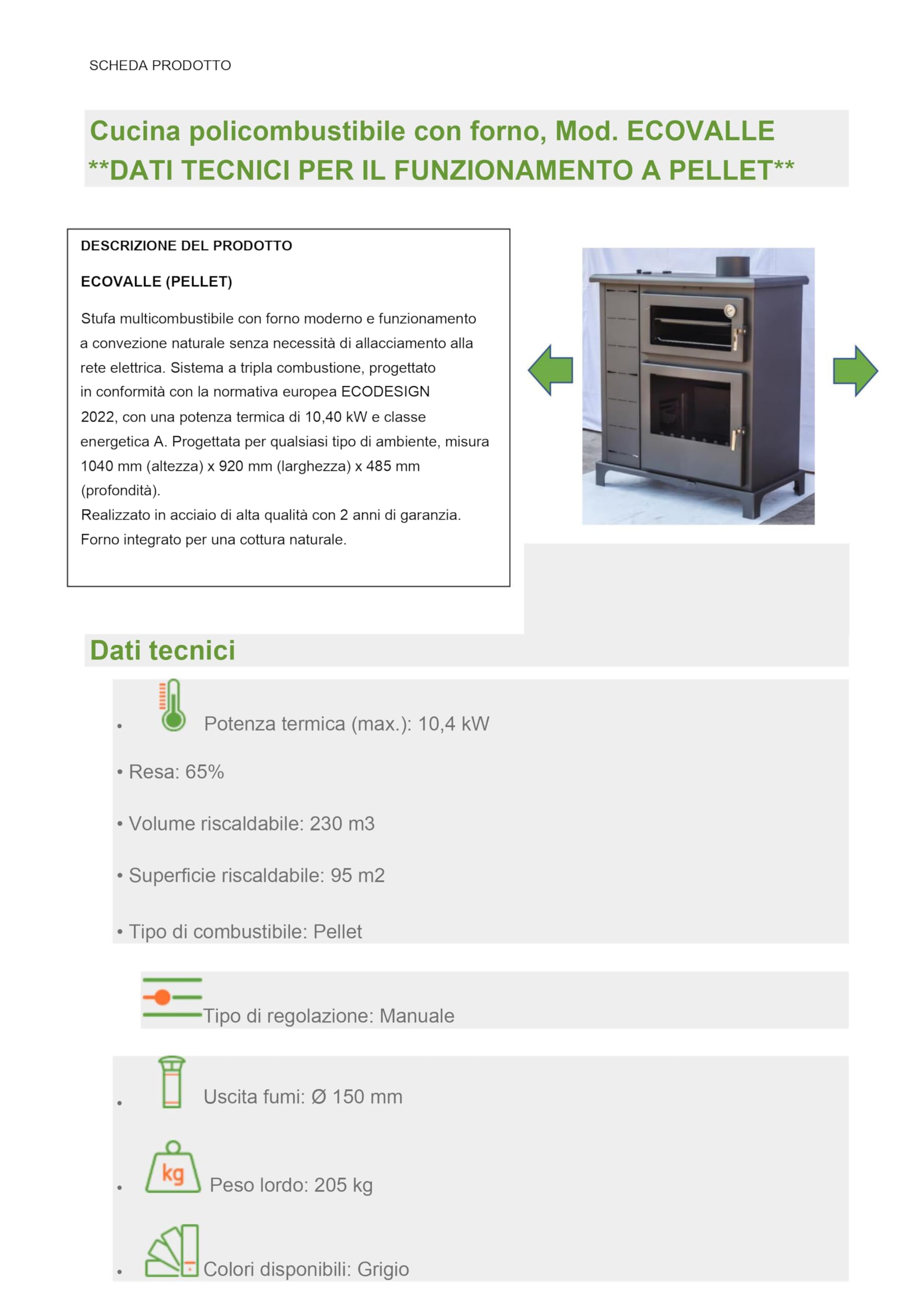 Stufa Policombustibile ECO VALLE con Forno – Funziona con Pellet, Nocciolino, Gusci di Mandorla, Legna – Ecodesign 2022 – Senza Elettricità