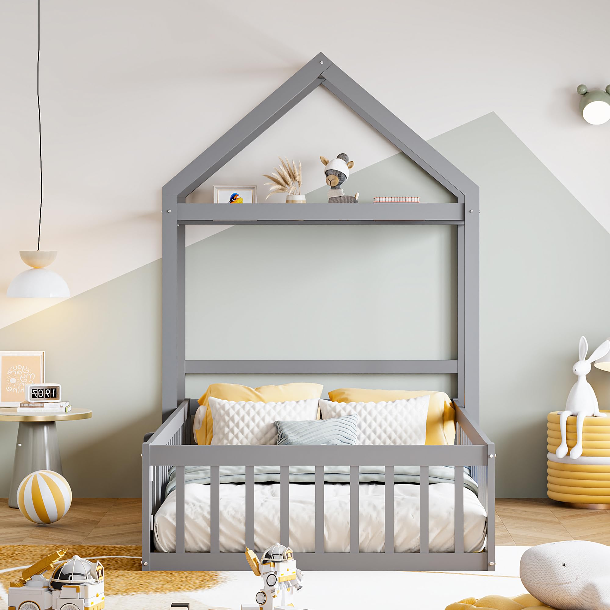Merax Kinderbett 90x200 cm, Bodenbett mit Rausfallschutz, Hausbett mit Stauraum und Lattenrost, für Jungen & Mädchen, Grau (Ohne Matratze)