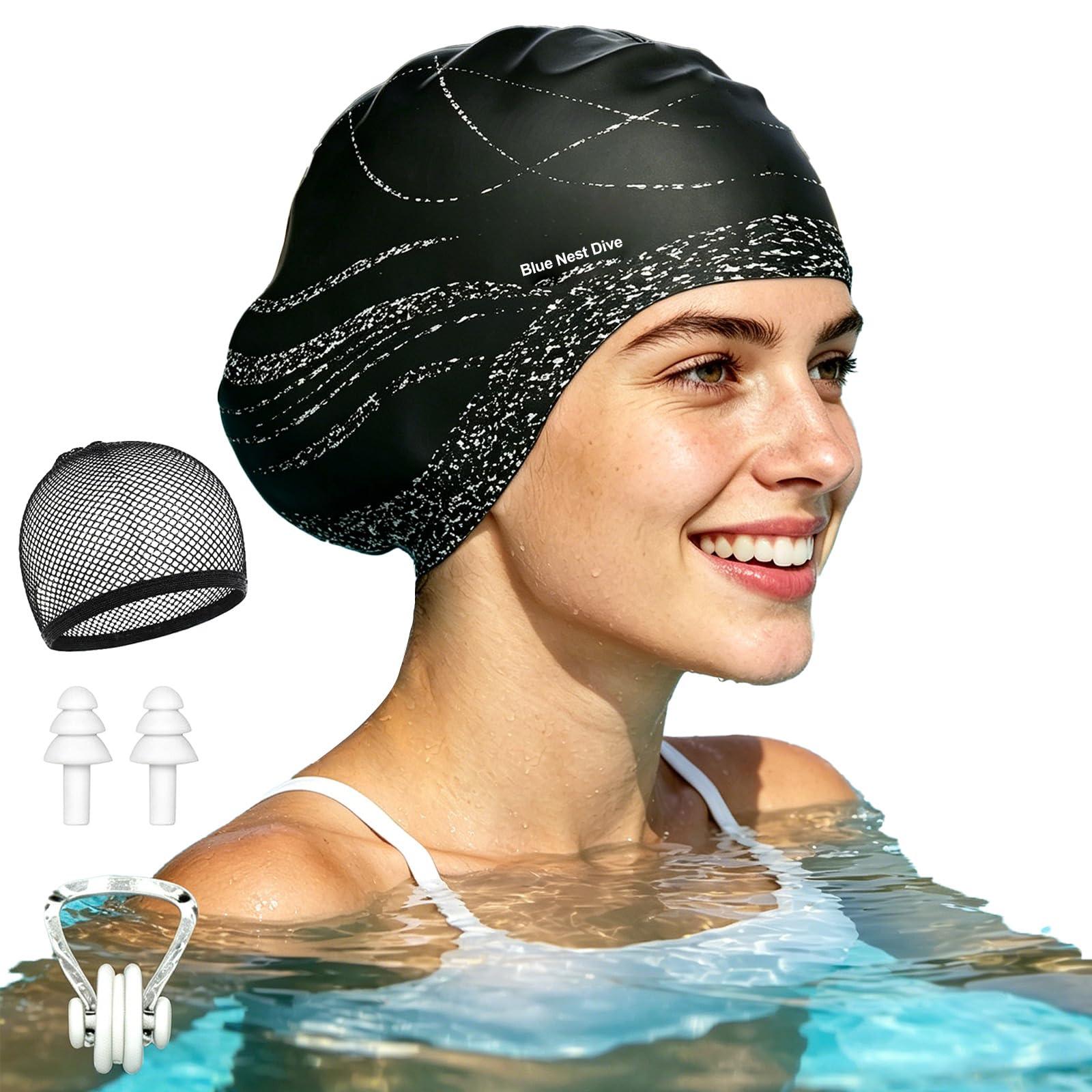 Long Hair Silicone Swim Cap Highly Elastic Keeps Hair Dry Suitable for Curly Hair, Braided Hair, African Dreadlocks, Thick Hair, and Inner Silk Lining Swim Cap (Black)