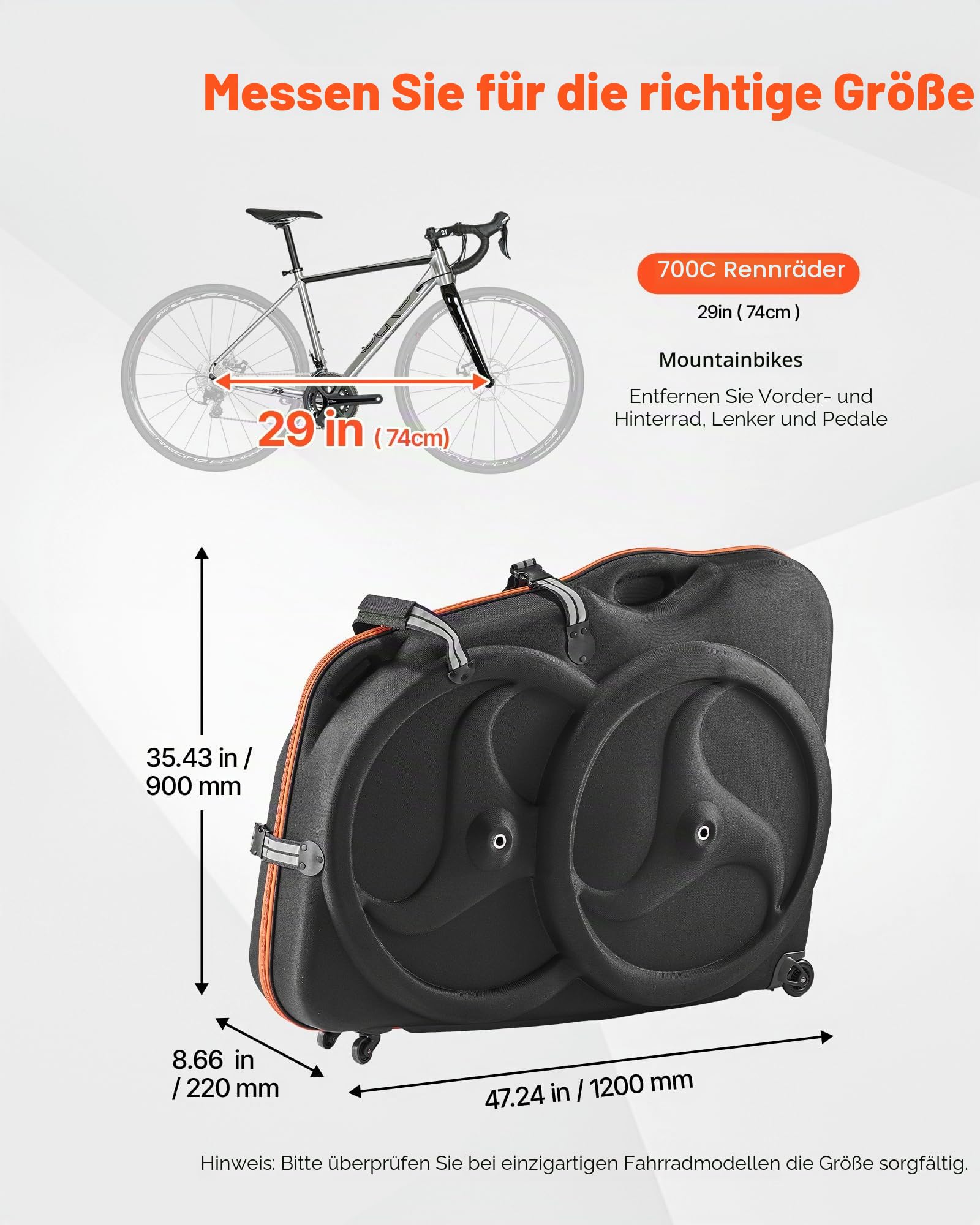 VEVOR Fahrrad Transporttasche Fahrradtasche für 700C Rennräder mit Eva-Hartschale, Schnellverschluss Doppelreißverschluss TSA-Schloss & Rollen, Hartschalenkoffer für Flüge Zugfahrten Autoreisen