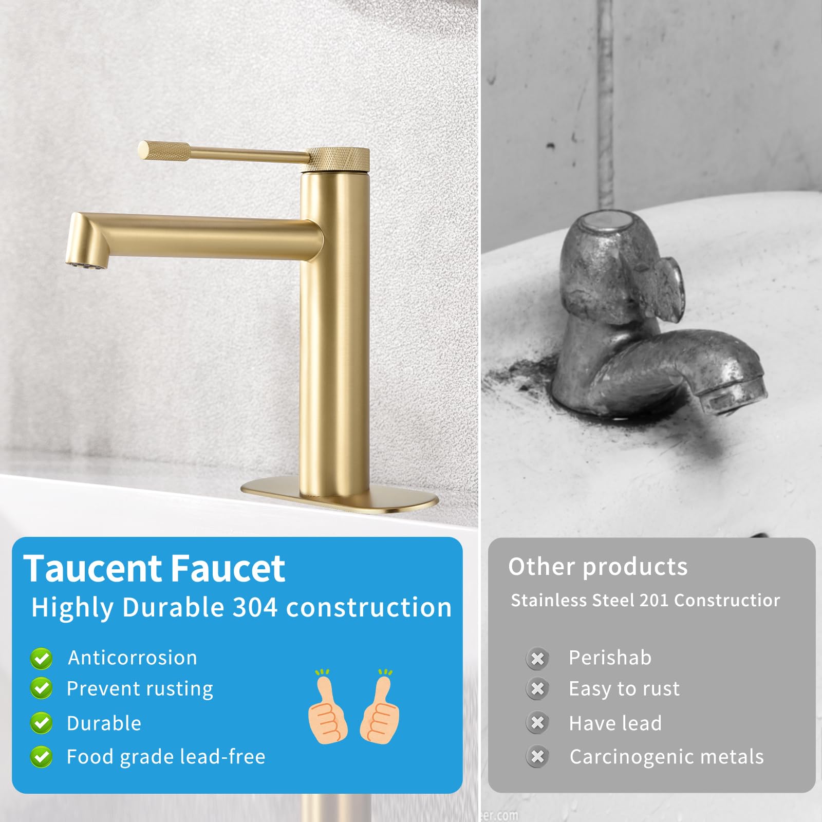 Gold Bathroom Sink Faucet Single Handle-Taucent Vanity Faucet 1 Hole for Bathroom Sink Brushed Gold Deck Mount Touch On Bathroom Faucet with Pop-up Drain